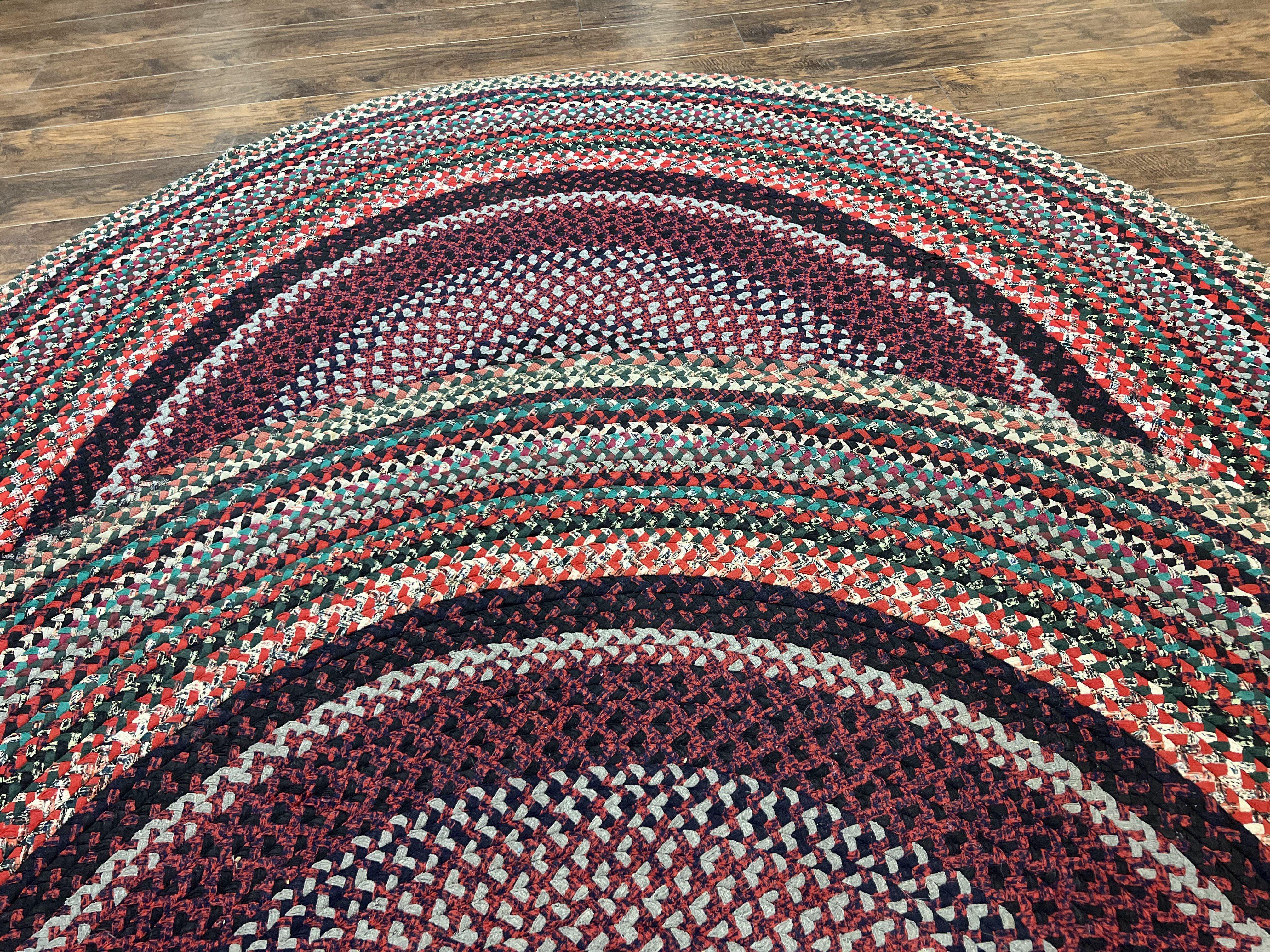 Large American Braided Rug 8x10, Multicolor Reds, Hand Braided Oval Carpet, Vintage - Jewel Rugs