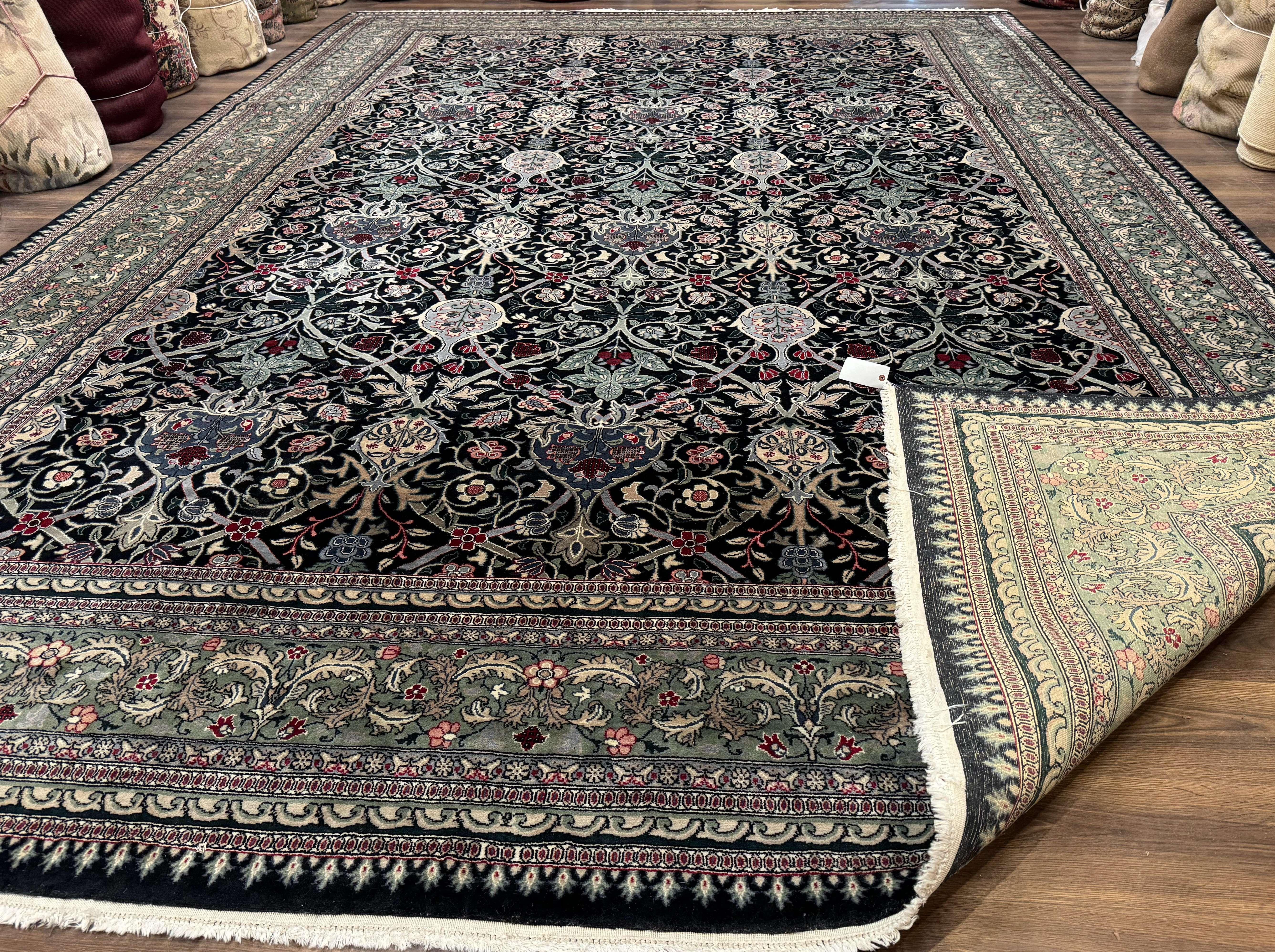 Palace Size Rug 12x17, Pak Persian Wool Carpet, Handmade, Midnight Green, William Morris Allover Pattern - Jewel Rugs