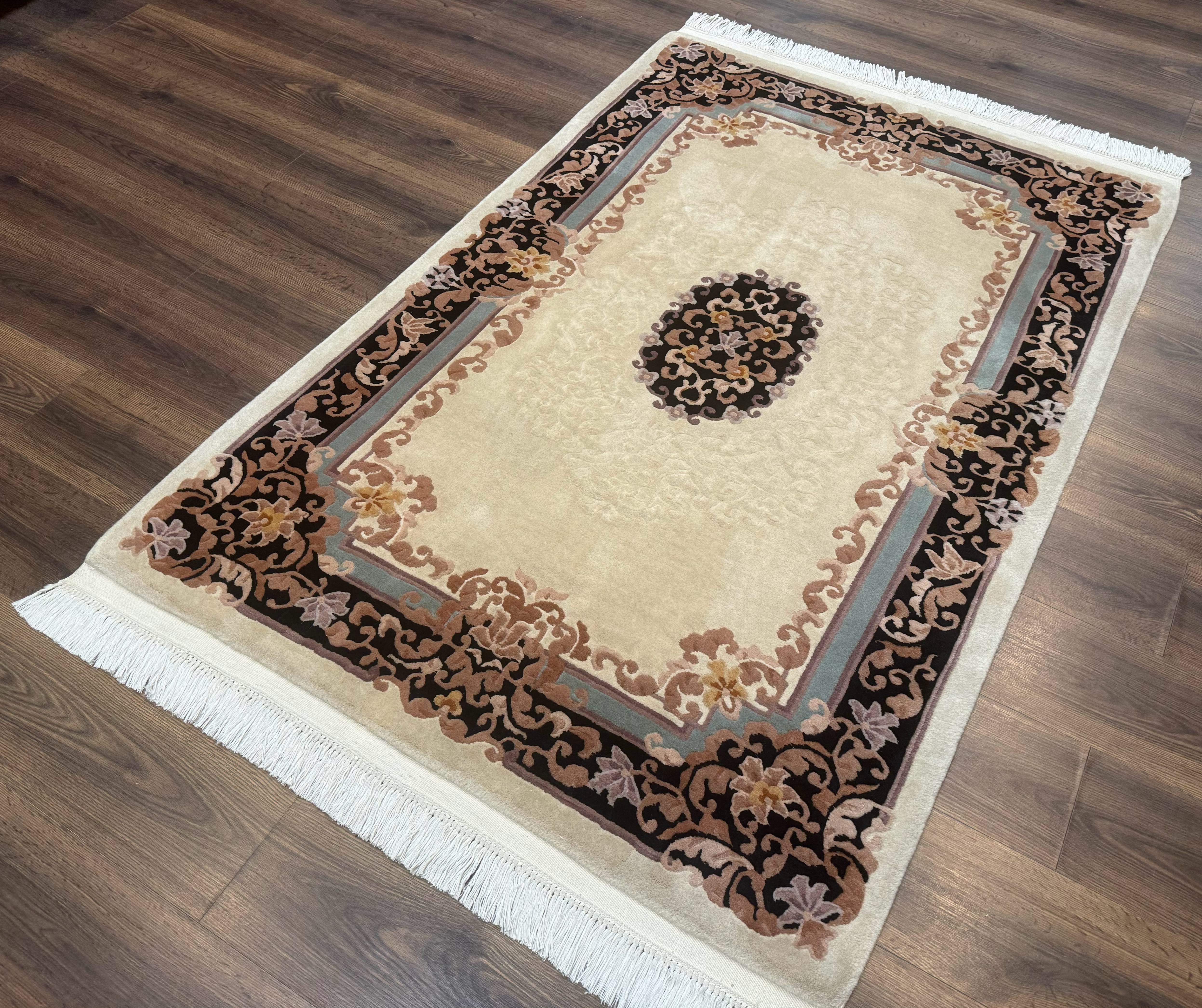 Chinese Aubusson Wool Rug 4x6, 90 Line Rug, Wool, Oat & Black - Jewel Rugs
