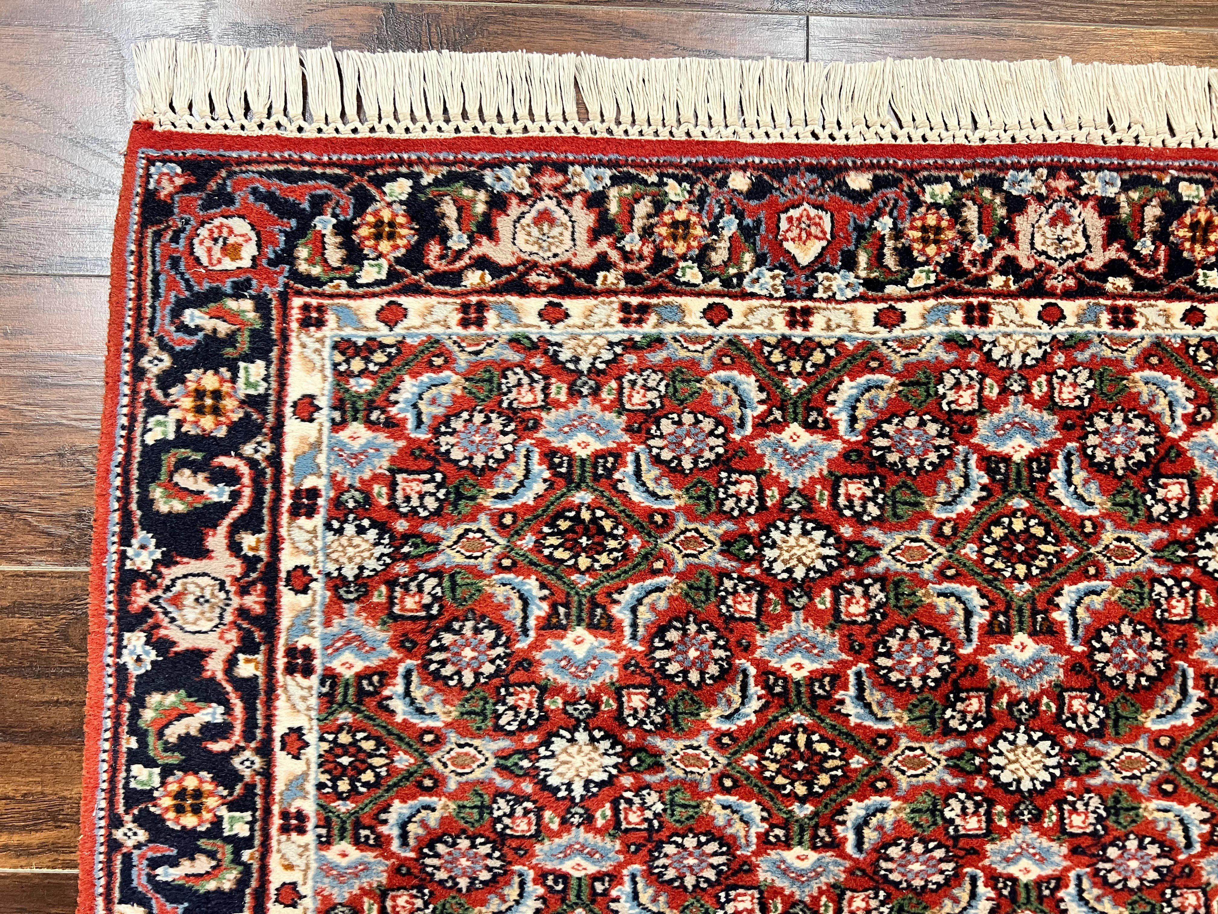 Indo Persian Rug 3x5, Red and Navy Blue, Wool Vintage Handmade Small Carpet 3 x 5 ft, Herati Pattern, Bidjar Rug - Jewel Rugs