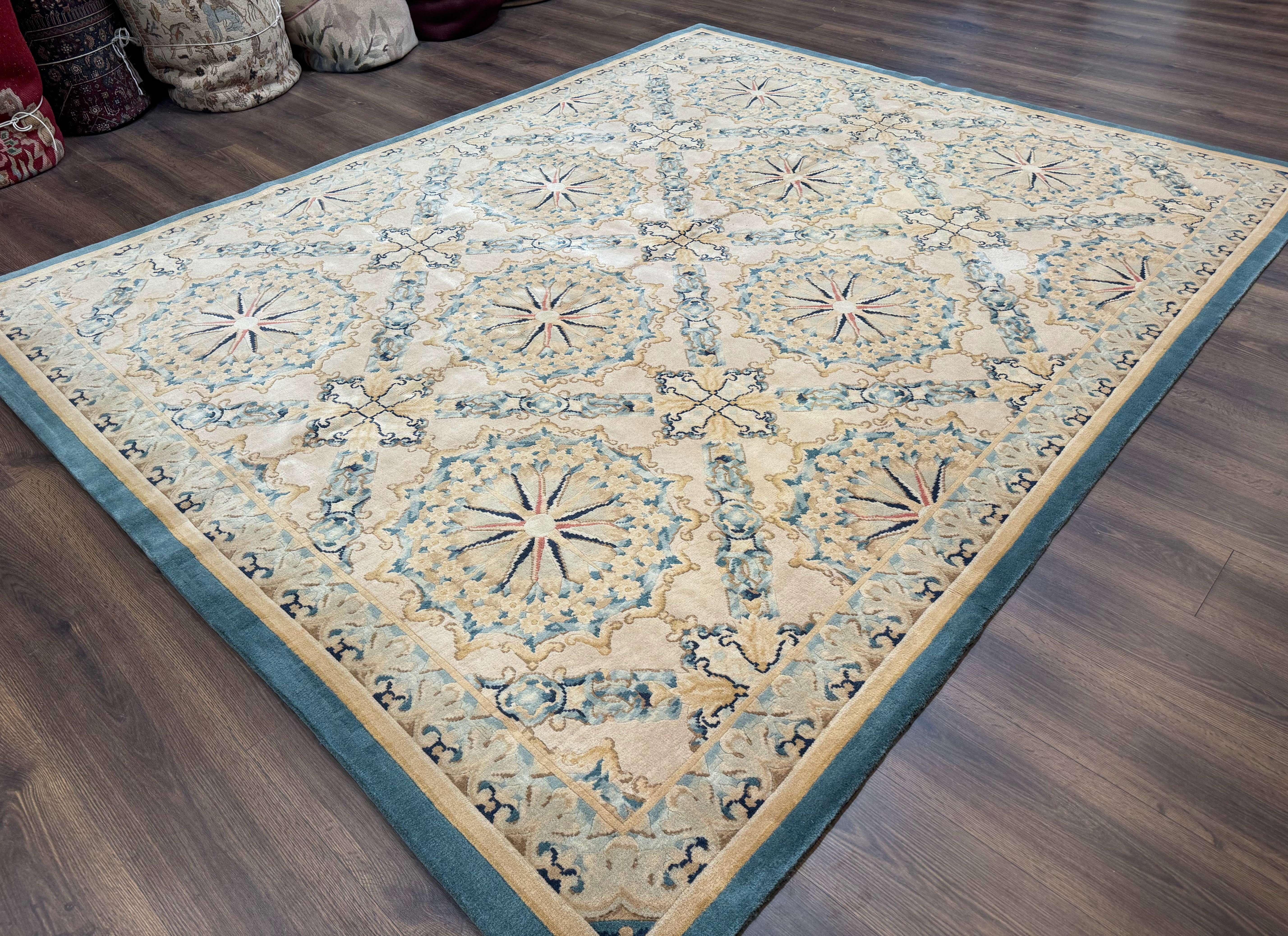 Aubusson Rug 8x10, French European Design, Soft Thick Wool Pile, Off White and Light Blue, Carving Sculpted Rug - Jewel Rugs