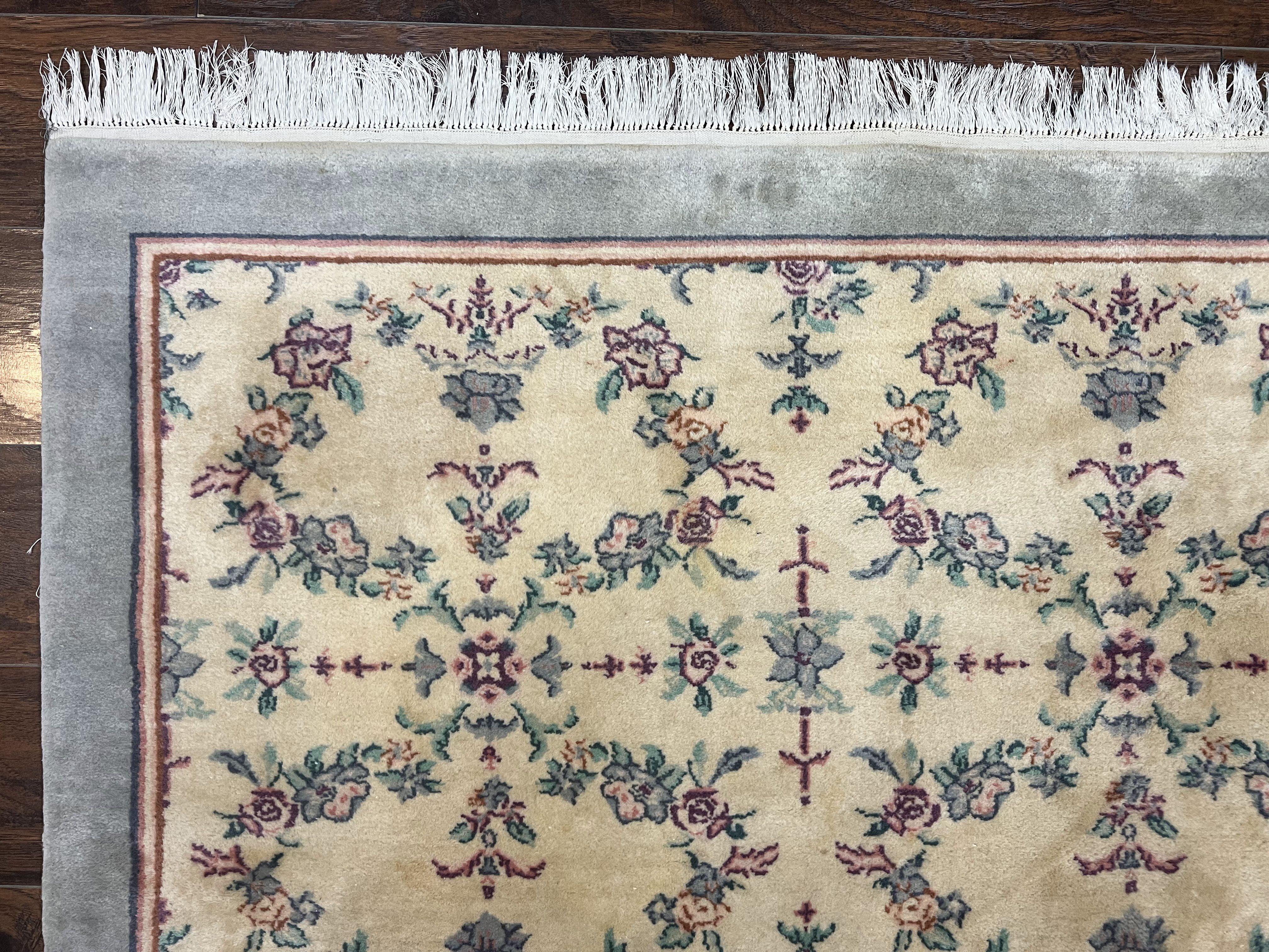 Sino Persian Rug 8x10, Floral, Oatmeal and Light Teal, Handmade Wool Vintage Carpet - Jewel Rugs