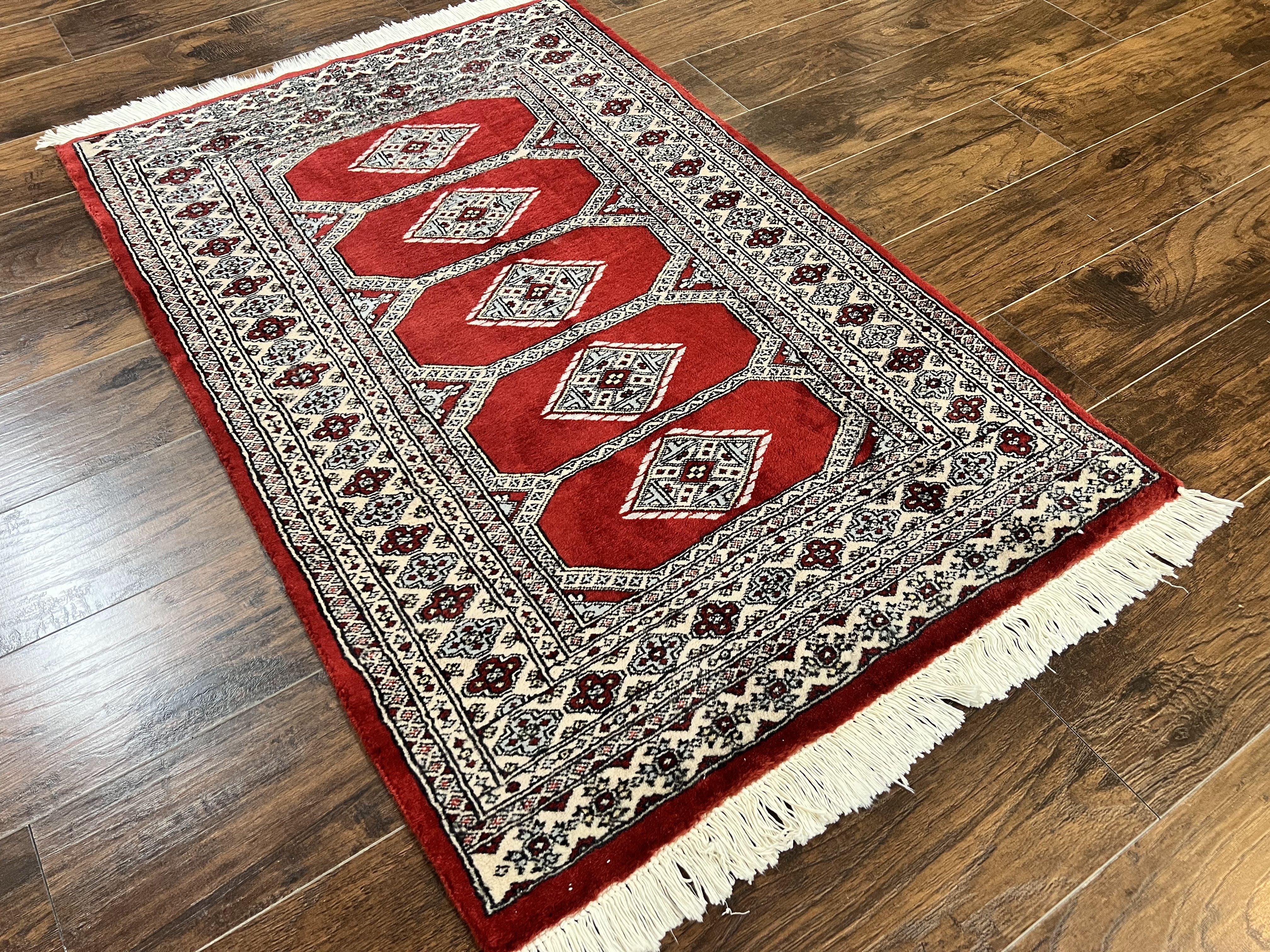Red Turkoman Bokhara Rug 3x5, Pakistani Carpet 3 x 5 ft, Hand Knotted Wool Vintage Rug - Jewel Rugs