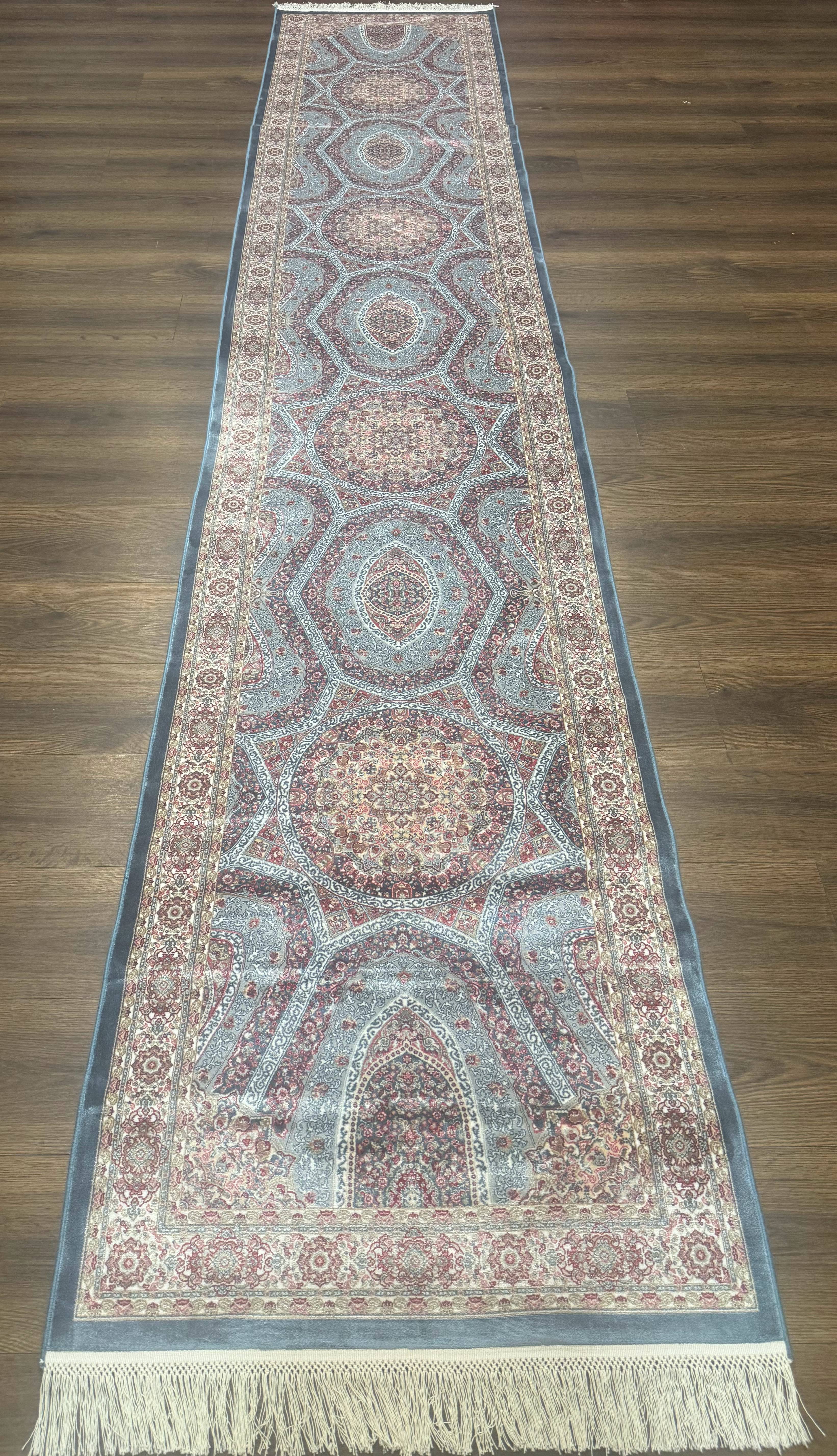 Turkish Silk Runner Rug 2.6 x 13, Blue Runner Rug, Dome Design, Bamboo Silk, New - Jewel Rugs