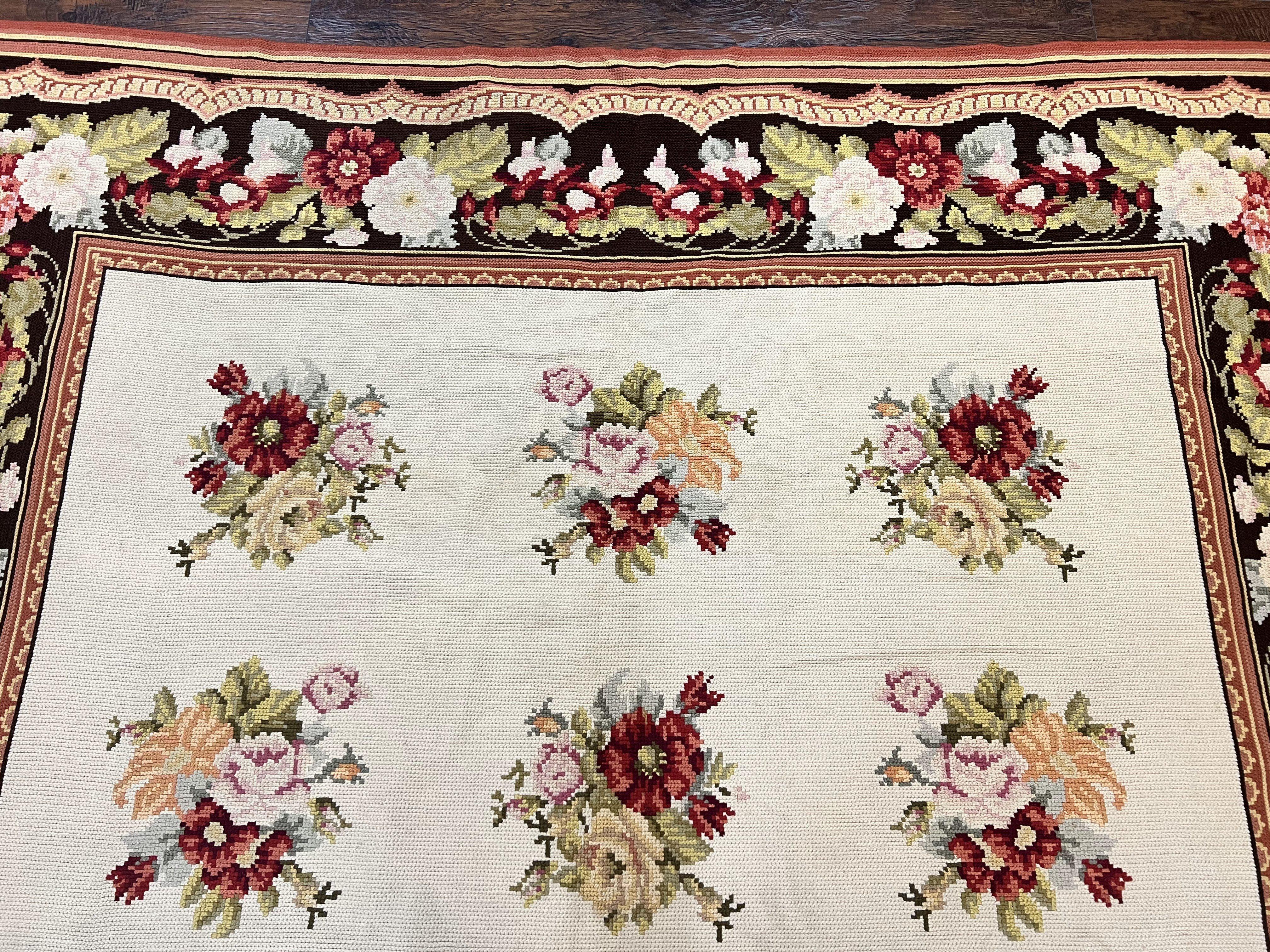 Portuguese Needlepoint Rug 8x9, Vintage Rug 8 x 9 ft, Ivory Dark Brown Hand-Woven Wool Portuguese Carpet, European Rug - Jewel Rugs