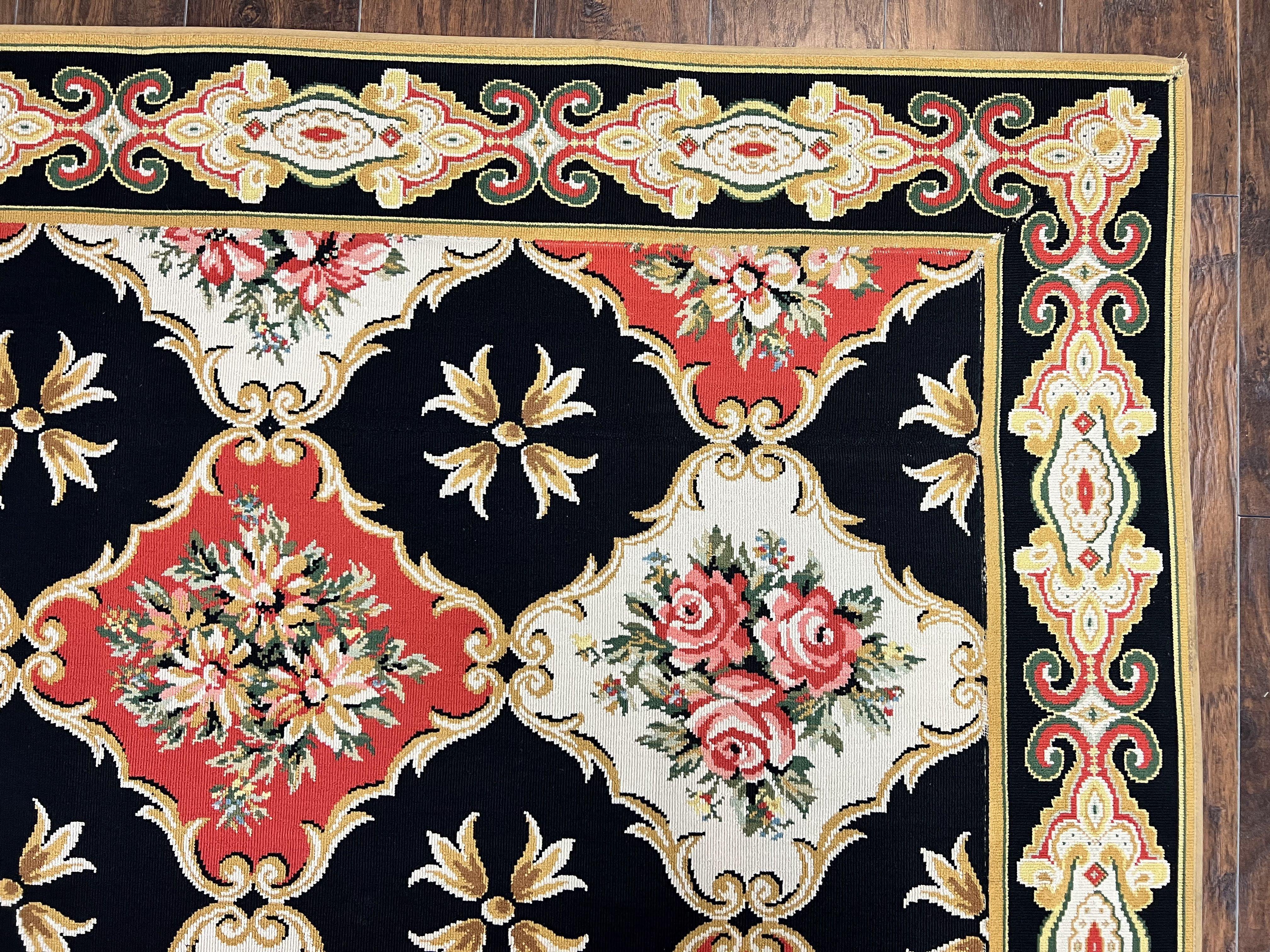 Large Stark Area Rug 9.6 x 11.7, Custom Vintage Stark Carpet, Red Black Ivory, European Design, Panels, Florals - Jewel Rugs