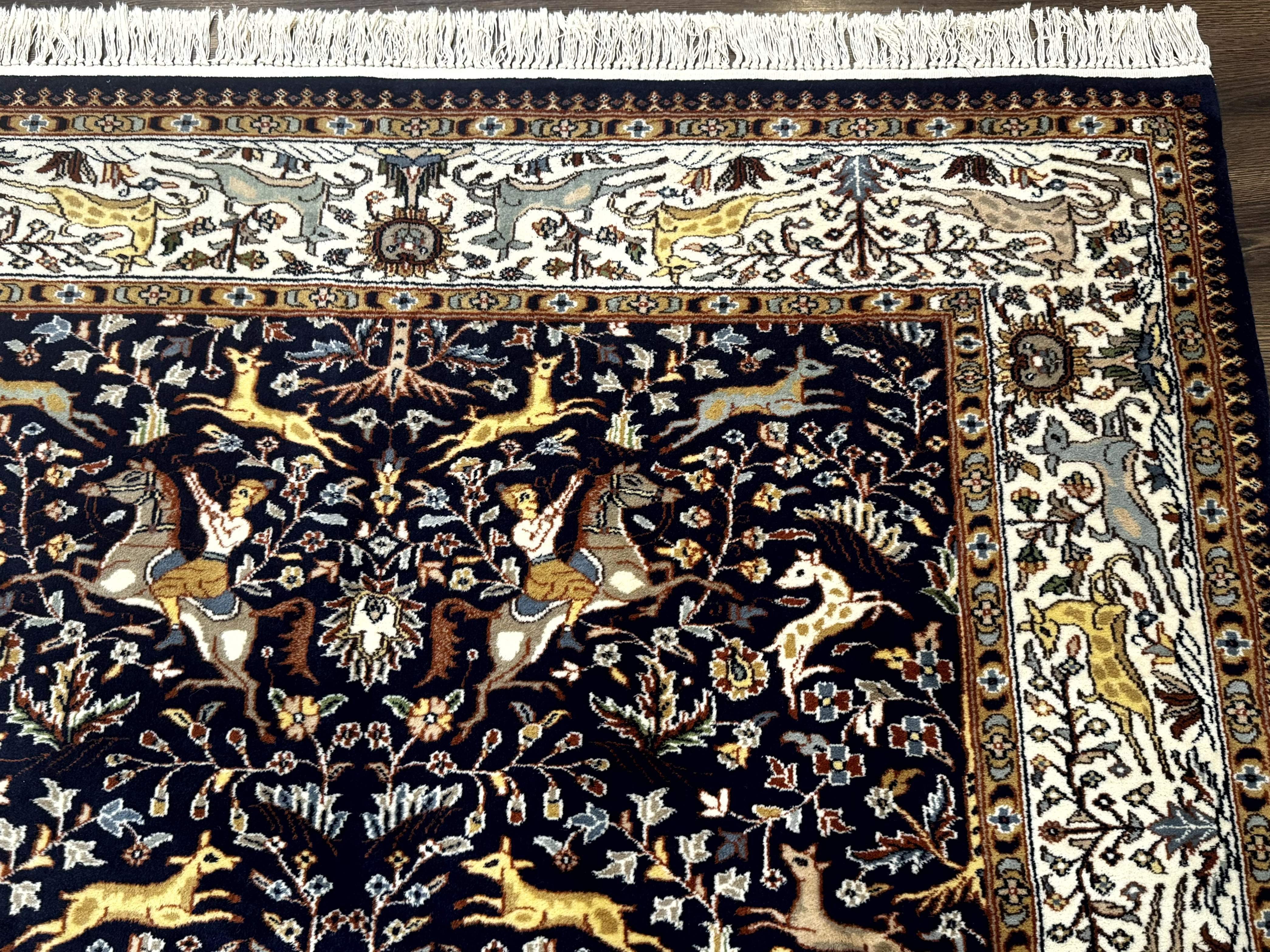 Indian Kashmiri Rug 6x9, Navy Blue and Ivory, Tree of Life, Hunting Design, Animal Pictorials, Horse Deer - Jewel Rugs