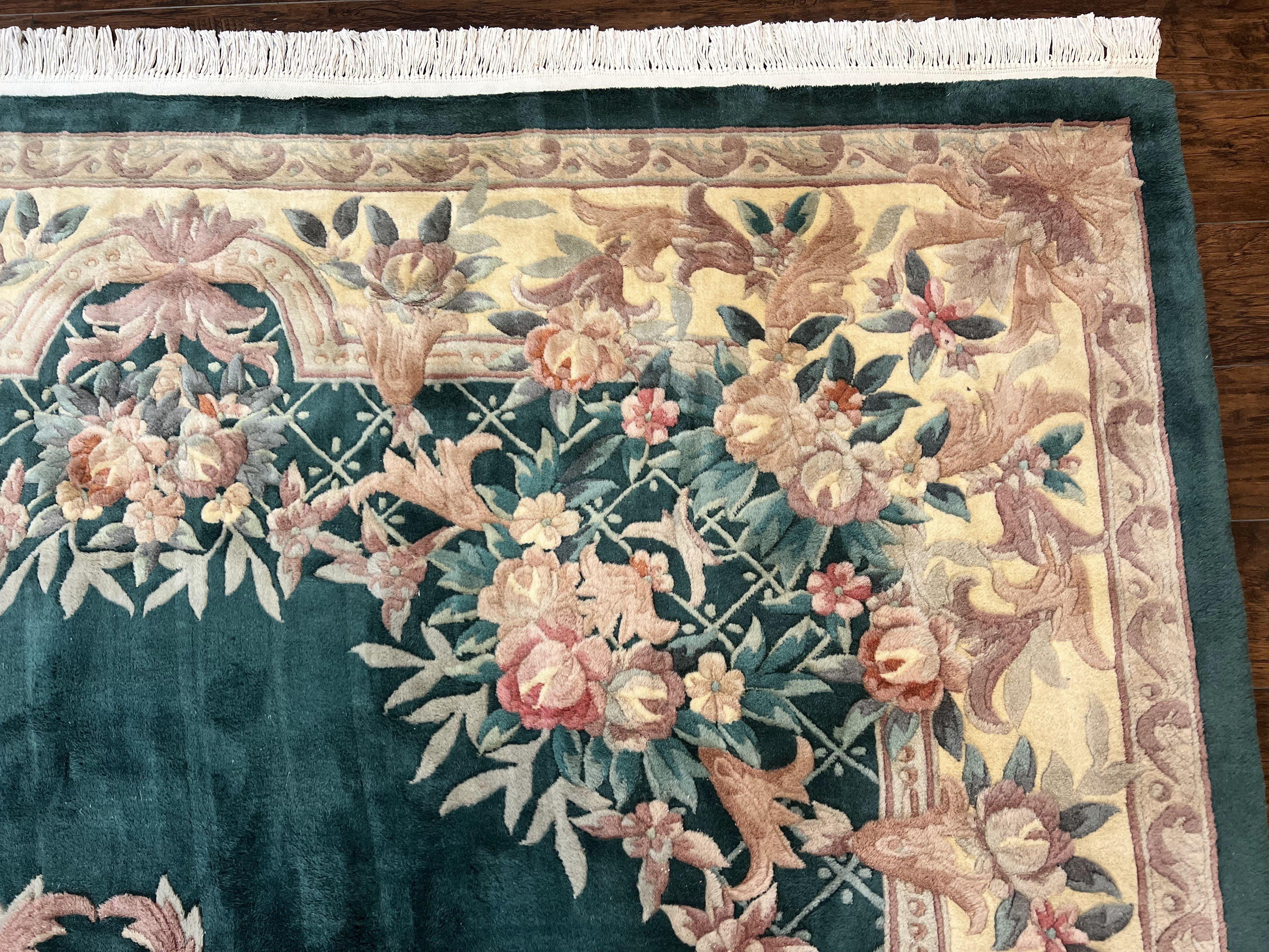 Chinese Wool Rug 9x11, Chinese Aubusson Carpet 9 x 11, Green and Cream, 120 Line, Handmade Room Sized Plush Pile, Vintage Rug - Jewel Rugs