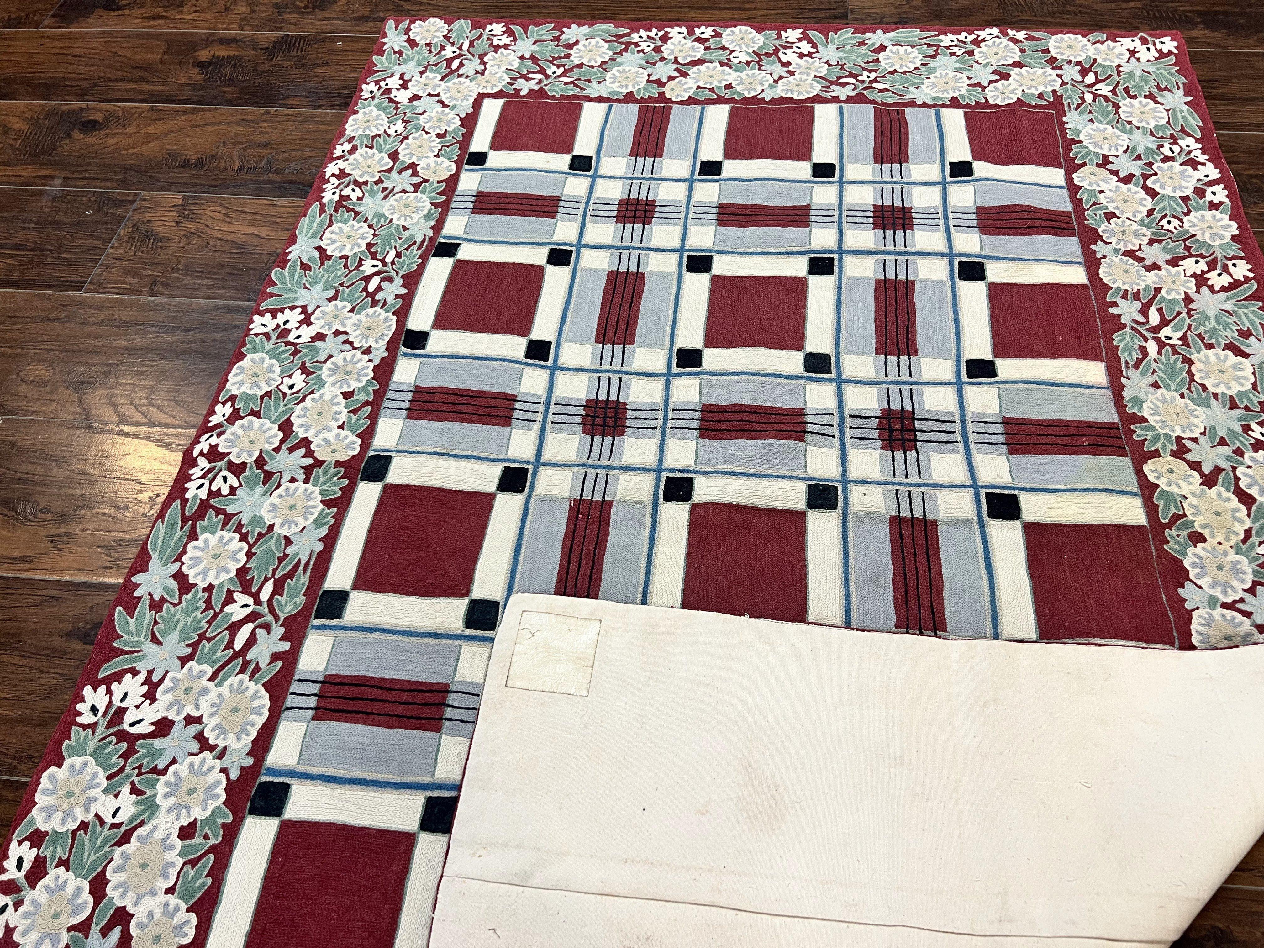 Indian Hand Stitched Rug 4x6, Vintage Carpet, Checkerboard Floral Pattern, Maroon Ivory, Flatweave, Wool - Jewel Rugs