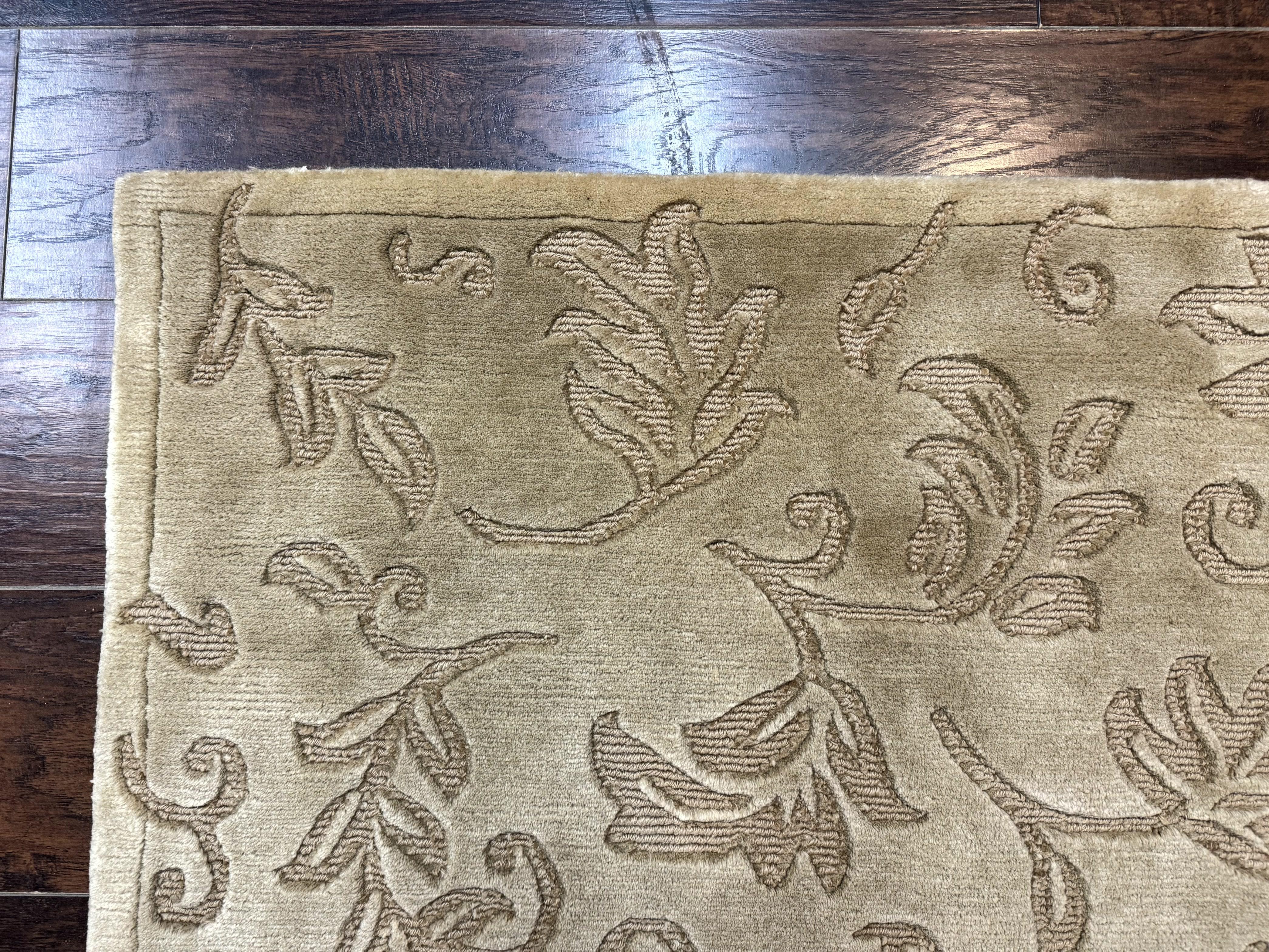 Modern Tibetan Rug 3.7 x 5.5, Carved Floral Design, Wool and Silk Highlights - Jewel Rugs