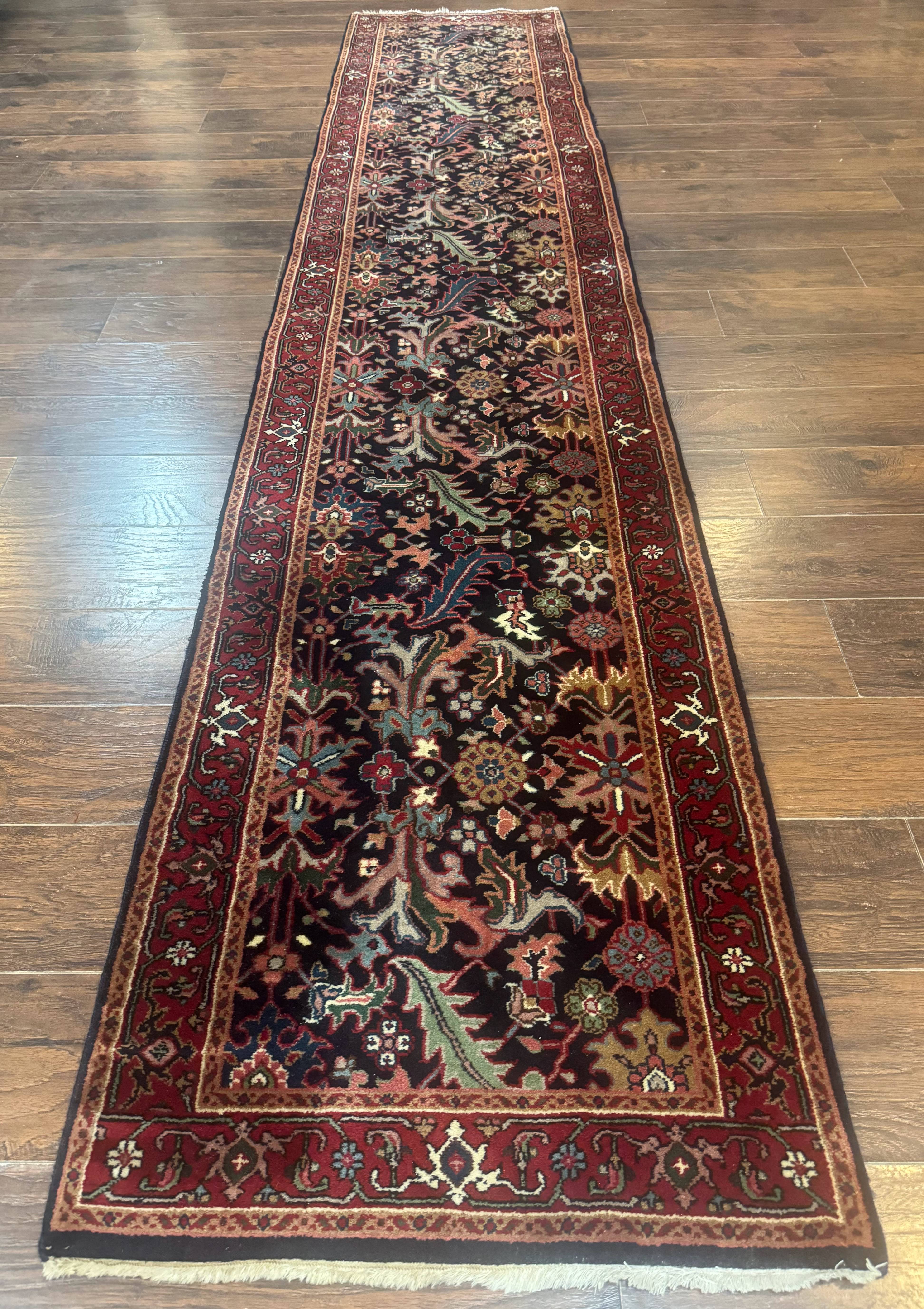 Indo Persian Runner Rug 2.7 x 13, Navy Blue and Red, Allover Floral, Wool, 13ft Runner - Jewel Rugs