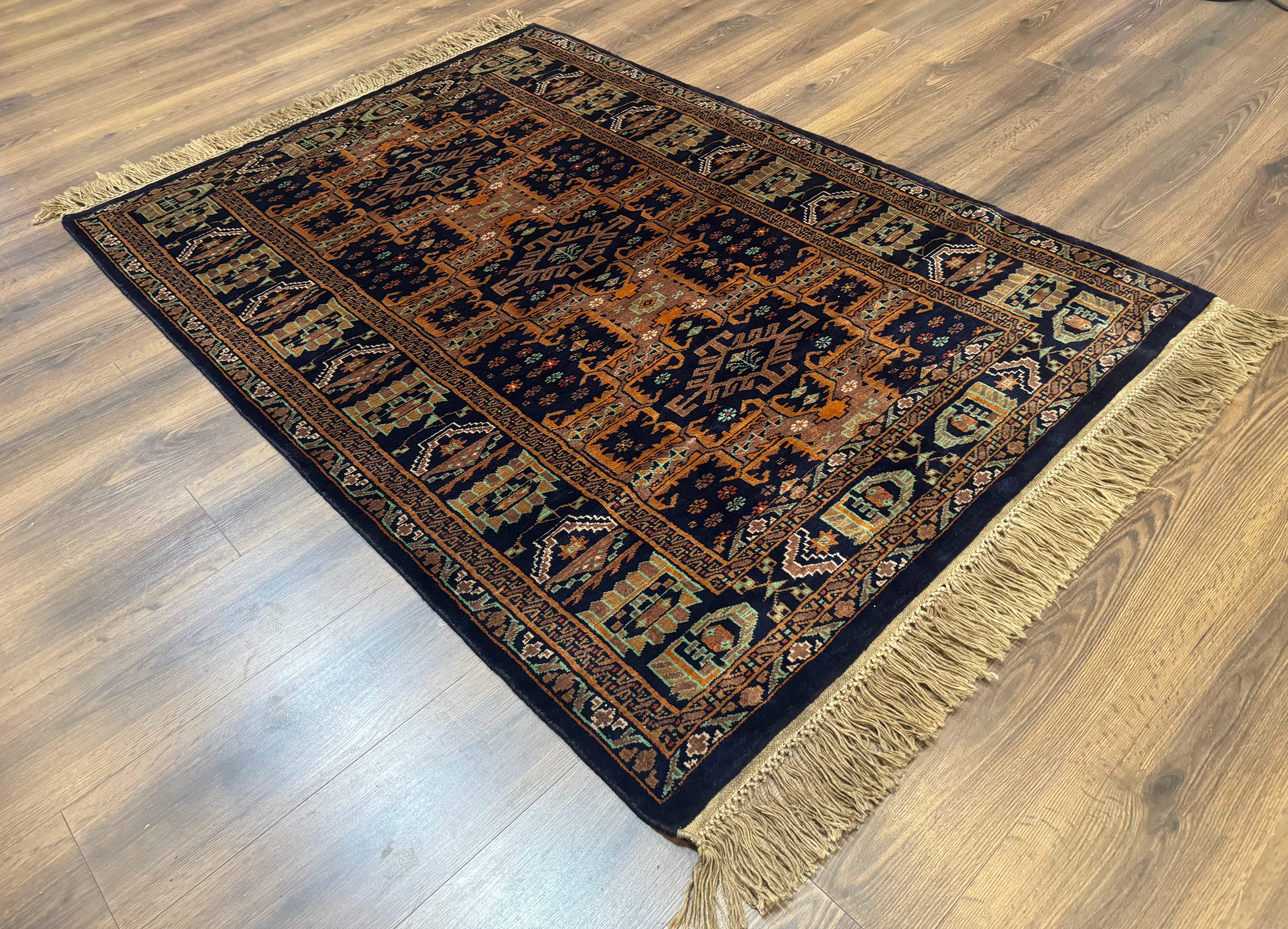 Vintage Afghan Rug 4x6, Navy Blue and Light Brown, Geometric Medallions, Wool on Wool, Tribal Rug - Jewel Rugs