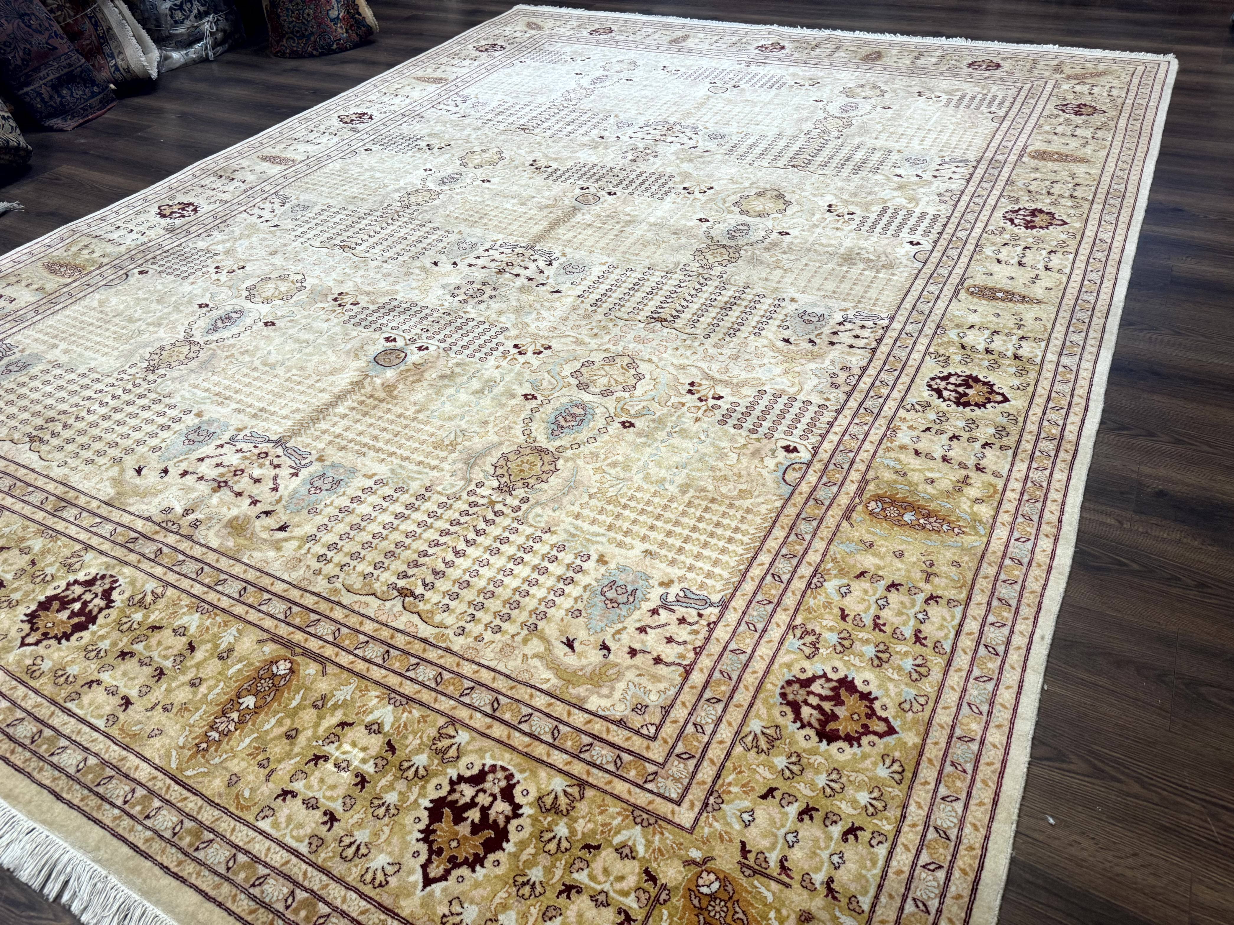 Pakistani Carpet 9x12, Finely Hand Knotted 270 KPSI, Cream, Allover Pattern - Jewel Rugs