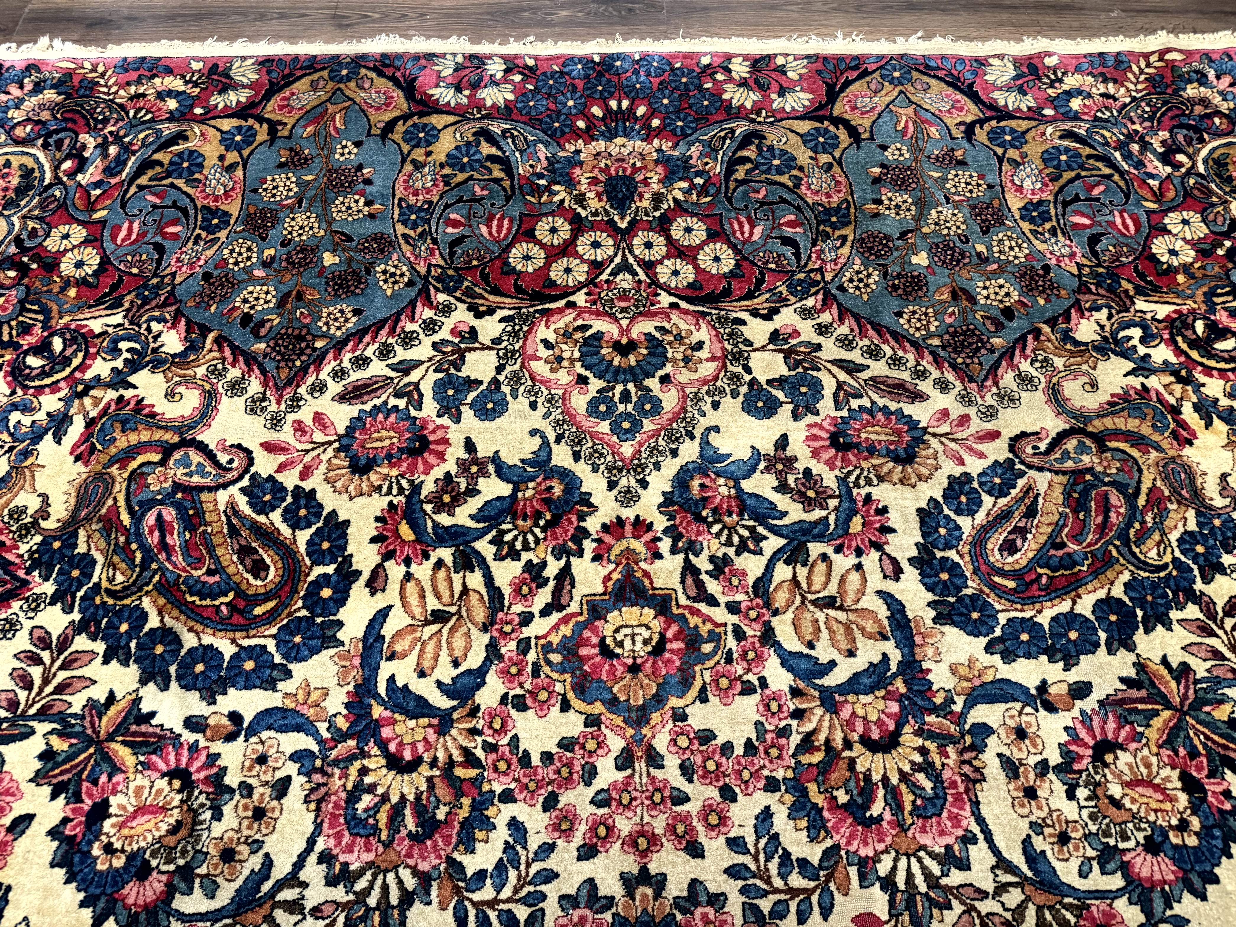 Wonderful Persian Kerman Rug 11x16, Rare Antique Palace Size Persian Carpet, Cream Blue Red, Colorful - Jewel Rugs