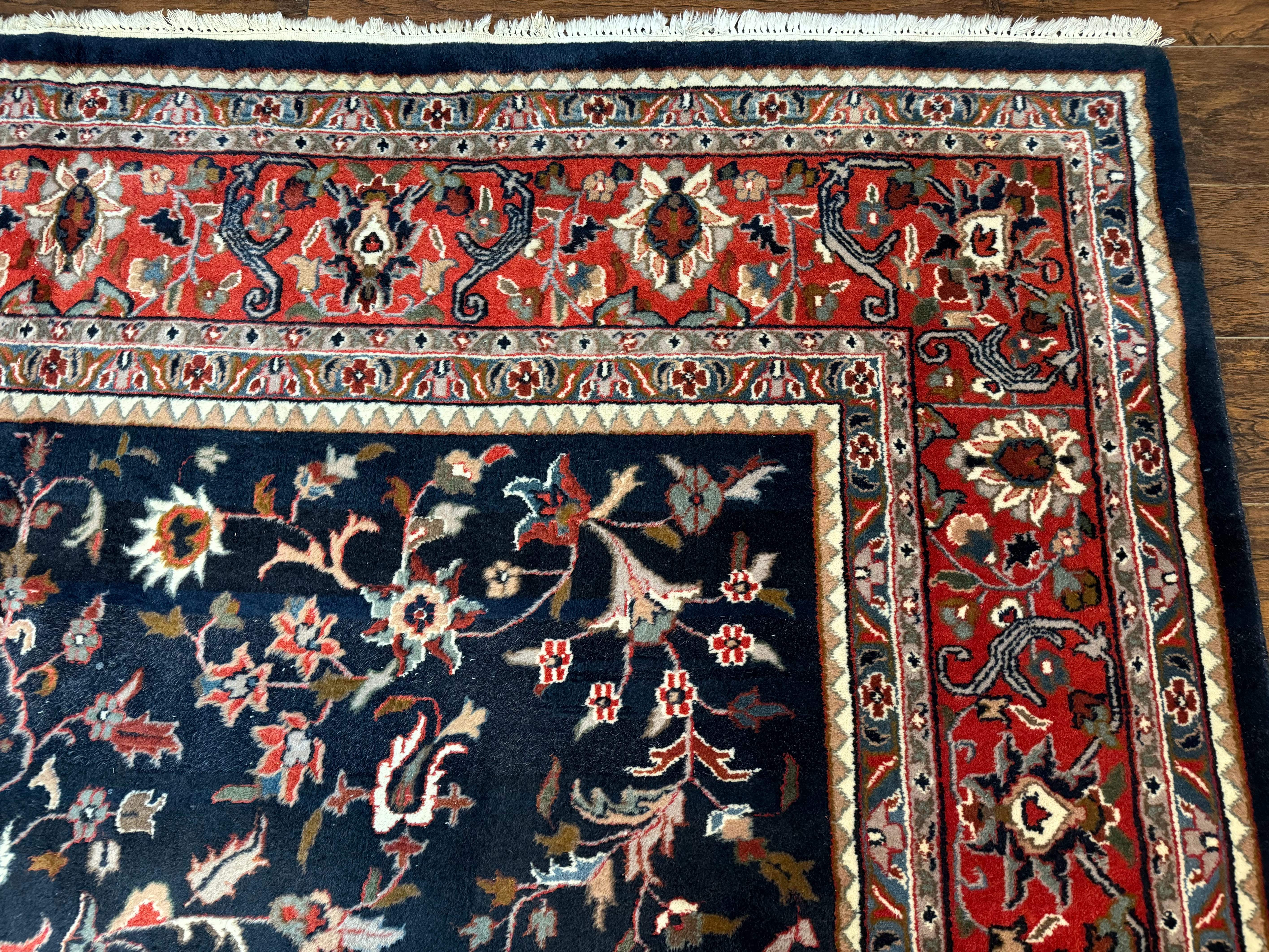 Indo Persian Sarouk Rug 9x12 – Navy and Red, Hand-Knotted Wool Vintage Carpet, Allover Pattern - Jewel Rugs