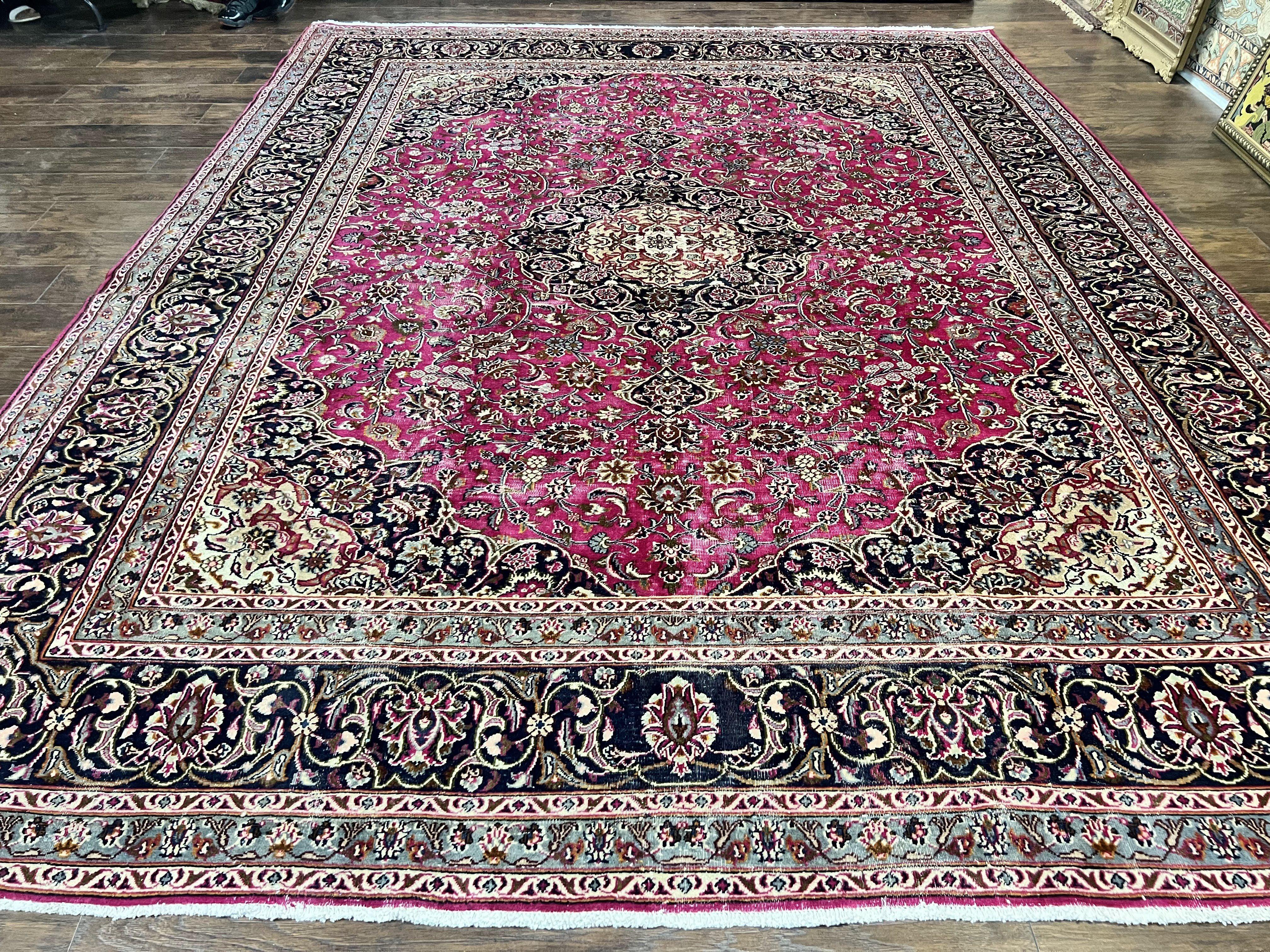 Persian Rug 10x13, Wool Hand Knotted Antique Kashmar Carpet, Raspberry Red & Navy Blue, Floral Medallion, Traditional Oriental Rug 10 x 13 - Jewel Rugs