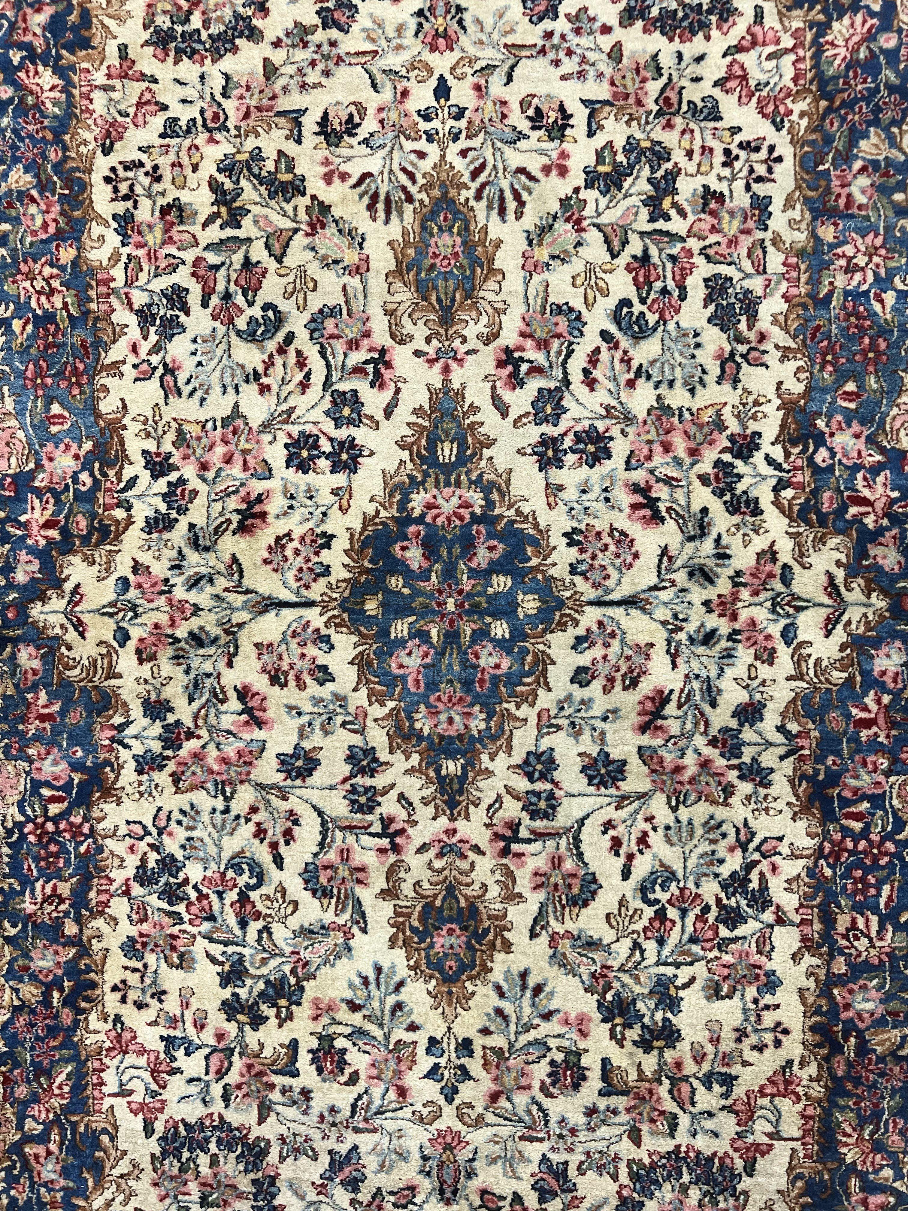 Antique Persian Kirman Rug 4x7, Cream and Navy Blue, Hand Knotted Wool Floral Carpet - Jewel Rugs