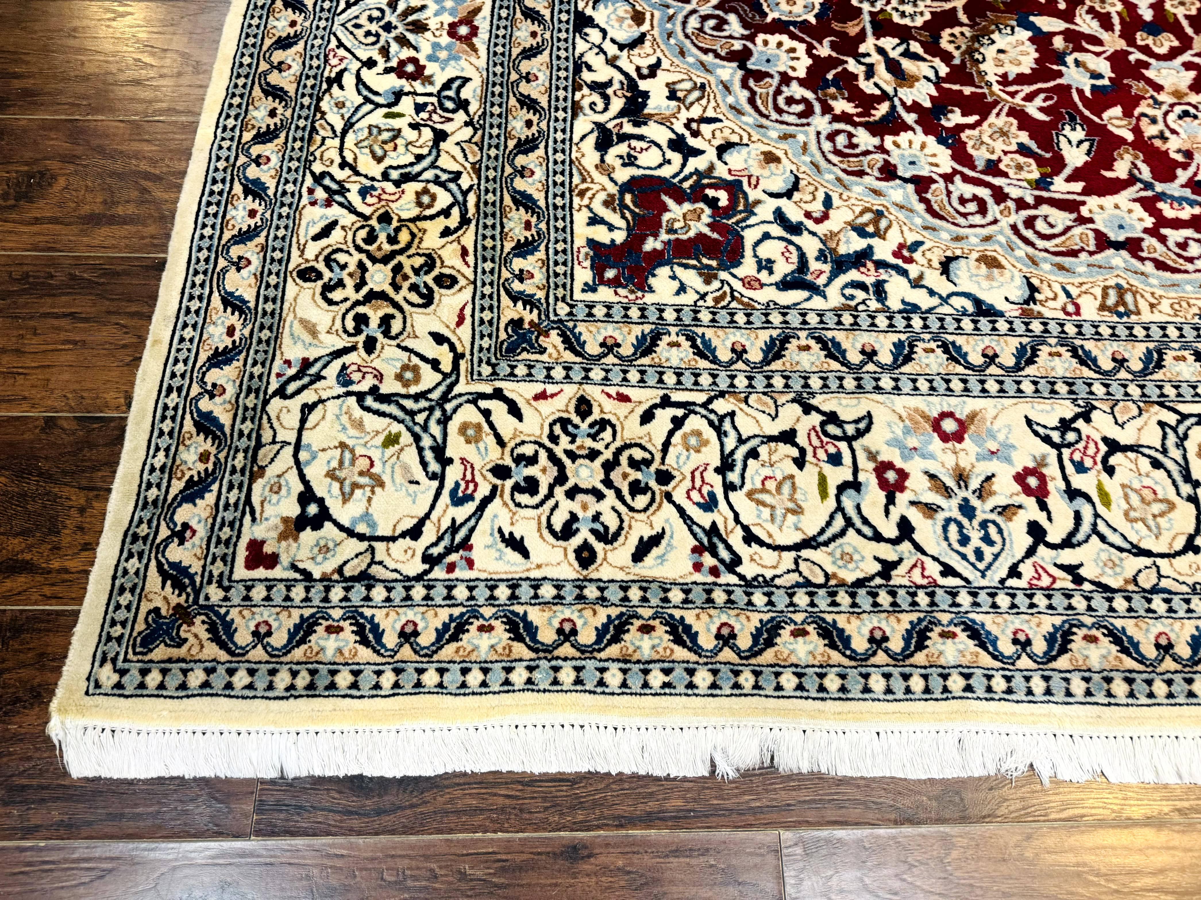 Persian Nain Rug 8x11, Wool and Silk Highlights, Burgundy & Ivory - Jewel Rugs