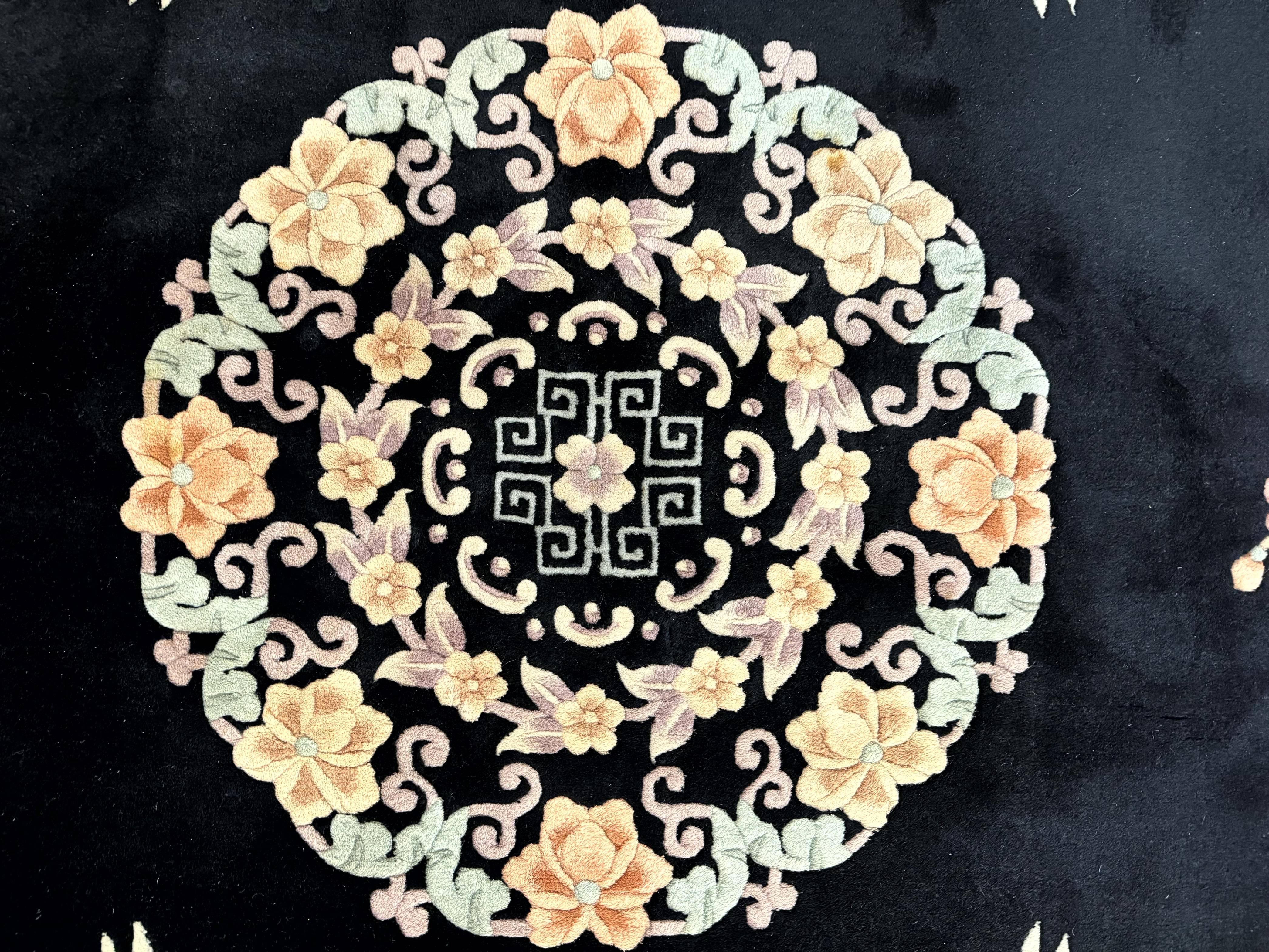 Chinese Wool Rug 9x12, Chinese Carving Carpet, Floral Medallion, Black and Beige, Butterflies, Vintage Asian Oriental Rug, 90 Line Rug - Jewel Rugs