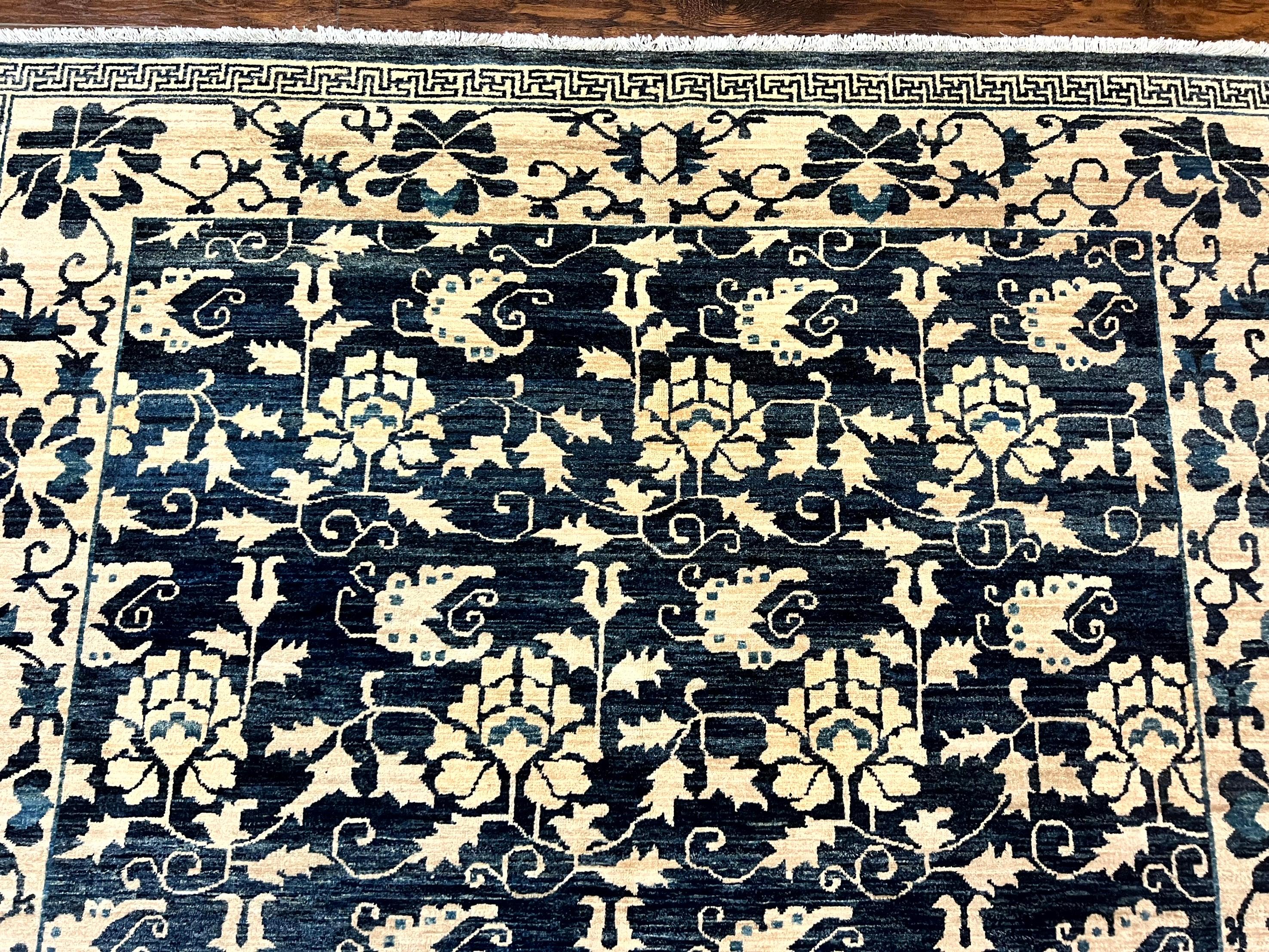 Sino Persian Rug 6x9, Hand Knotted Wool Carpet, Floral Allover, Blue Cream-Tan - Jewel Rugs