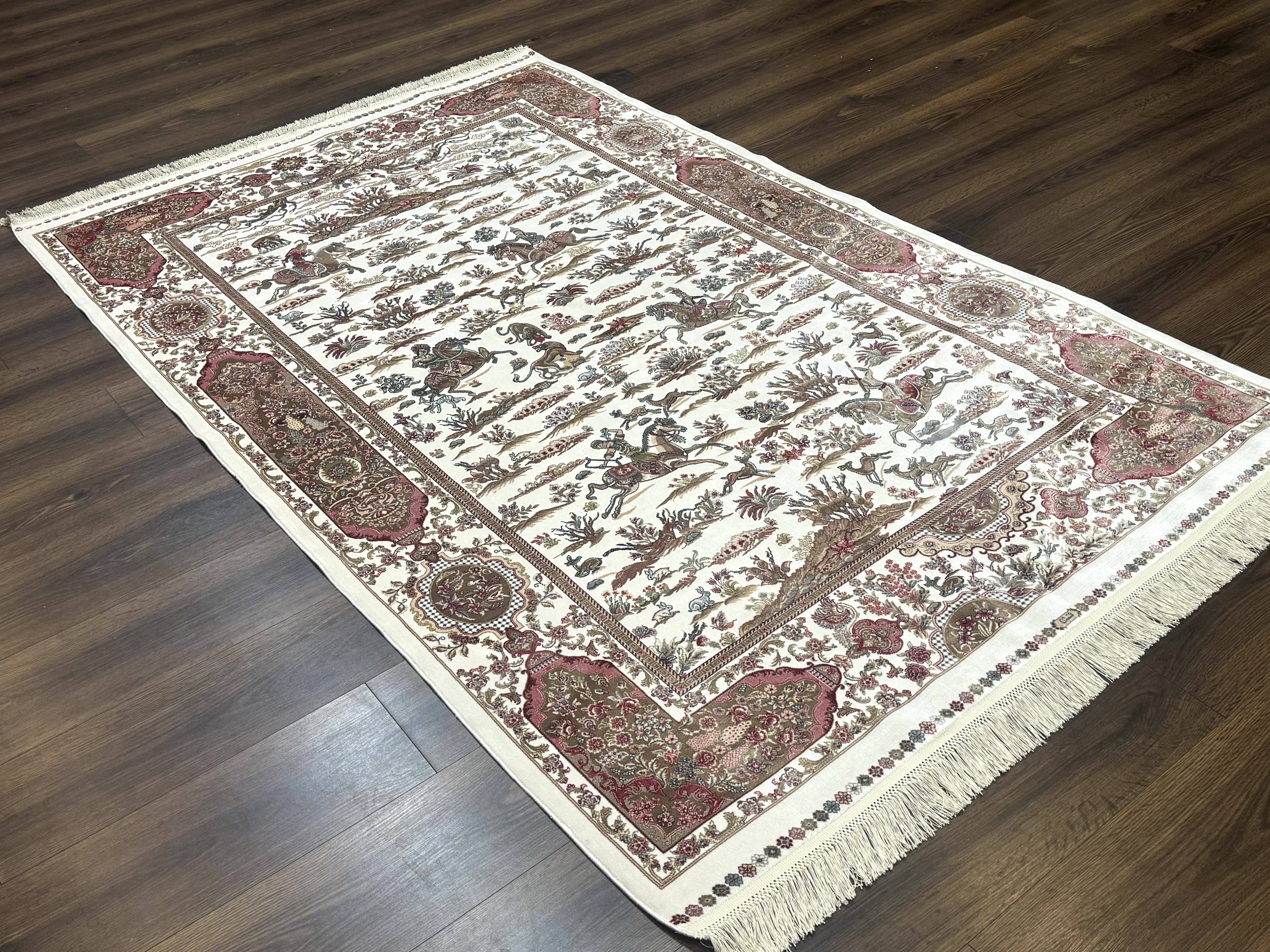 Turkish Silk Rug 5x8, Ivory, Hunting Design, Animal Pictorials, Bamboo Silk - Jewel Rugs