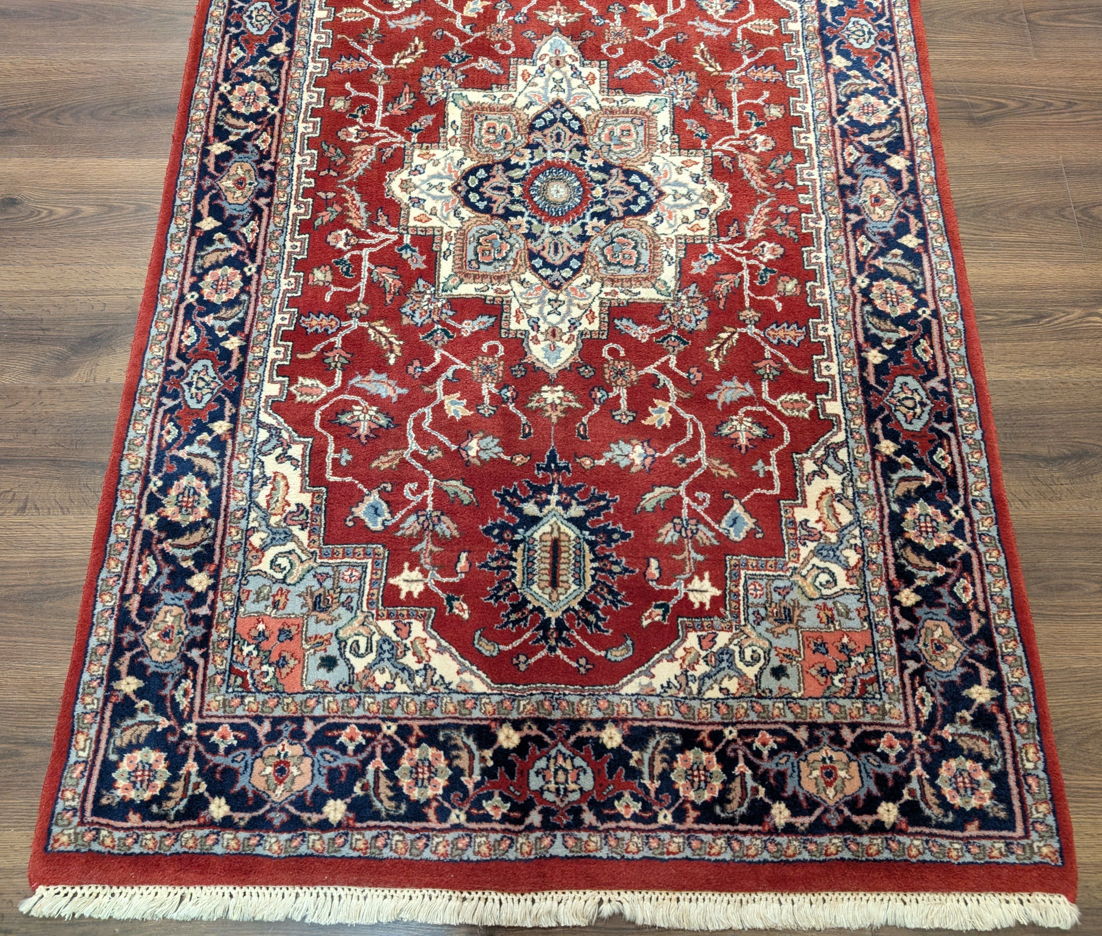 Indo Persian Heriz Rug 4x6, Red and Navy Hand Knotted Traditional Oriental Rug - Jewel Rugs