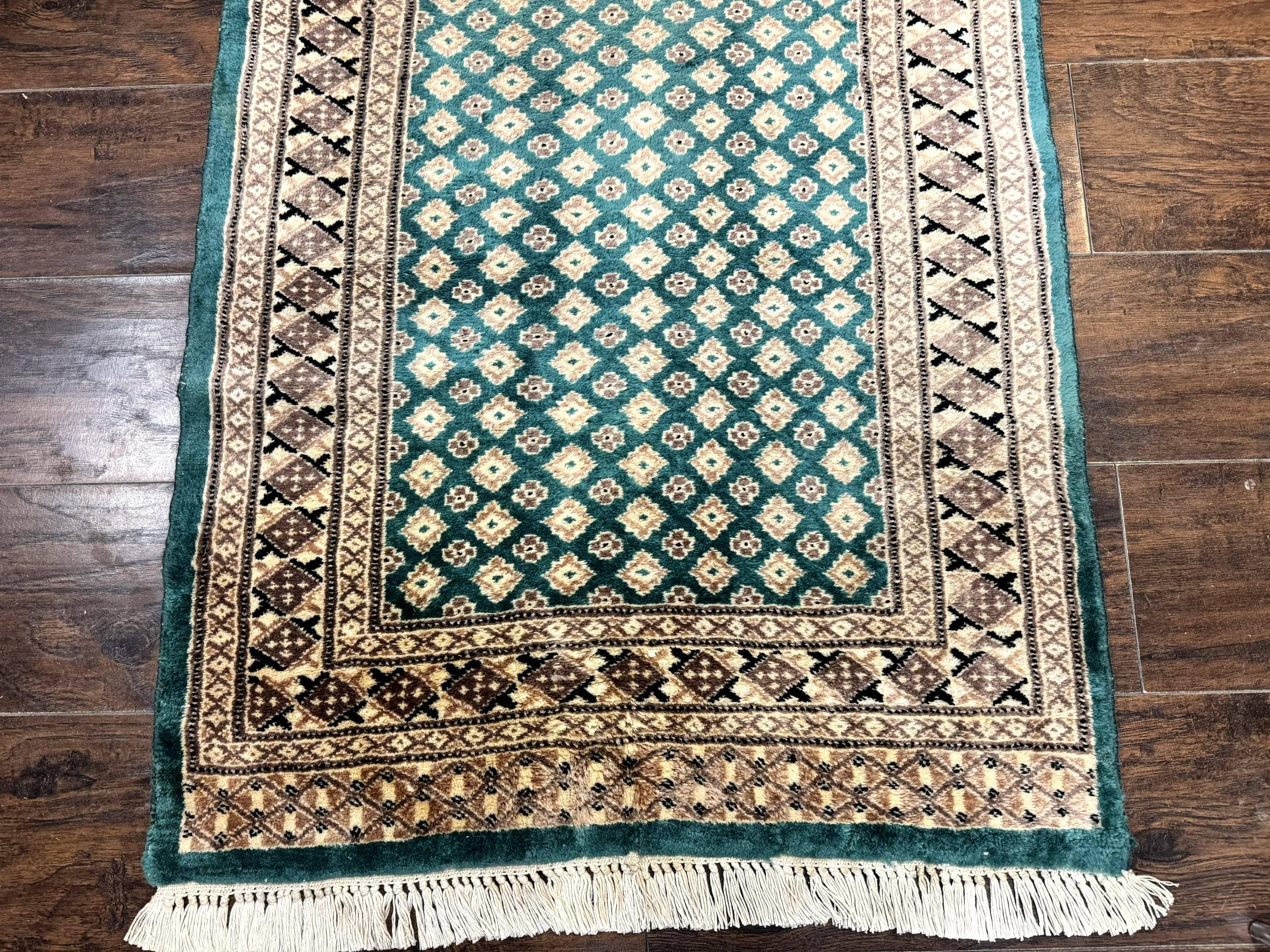 Long Pakistani Runner Rug 2.8 x 20, Hand Knotted Vintage Wool Hallway Rug, Turkoman Rug, Teal and Tan, Handmade Vintage Wool Runner - Jewel Rugs