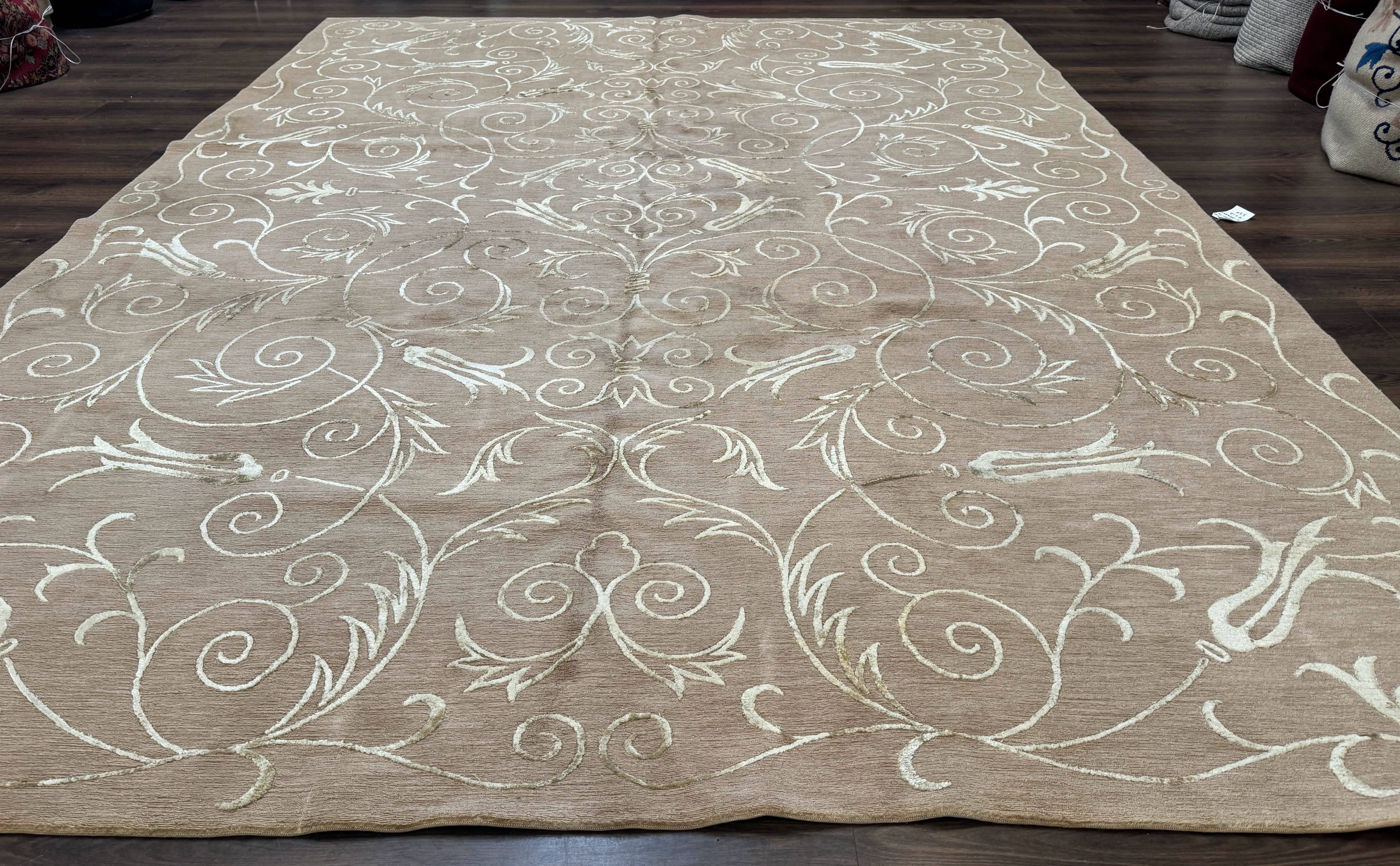 Tibetan Rug 9x12 Wool and Silk Beige Modern Handmade Carpet - Jewel Rugs