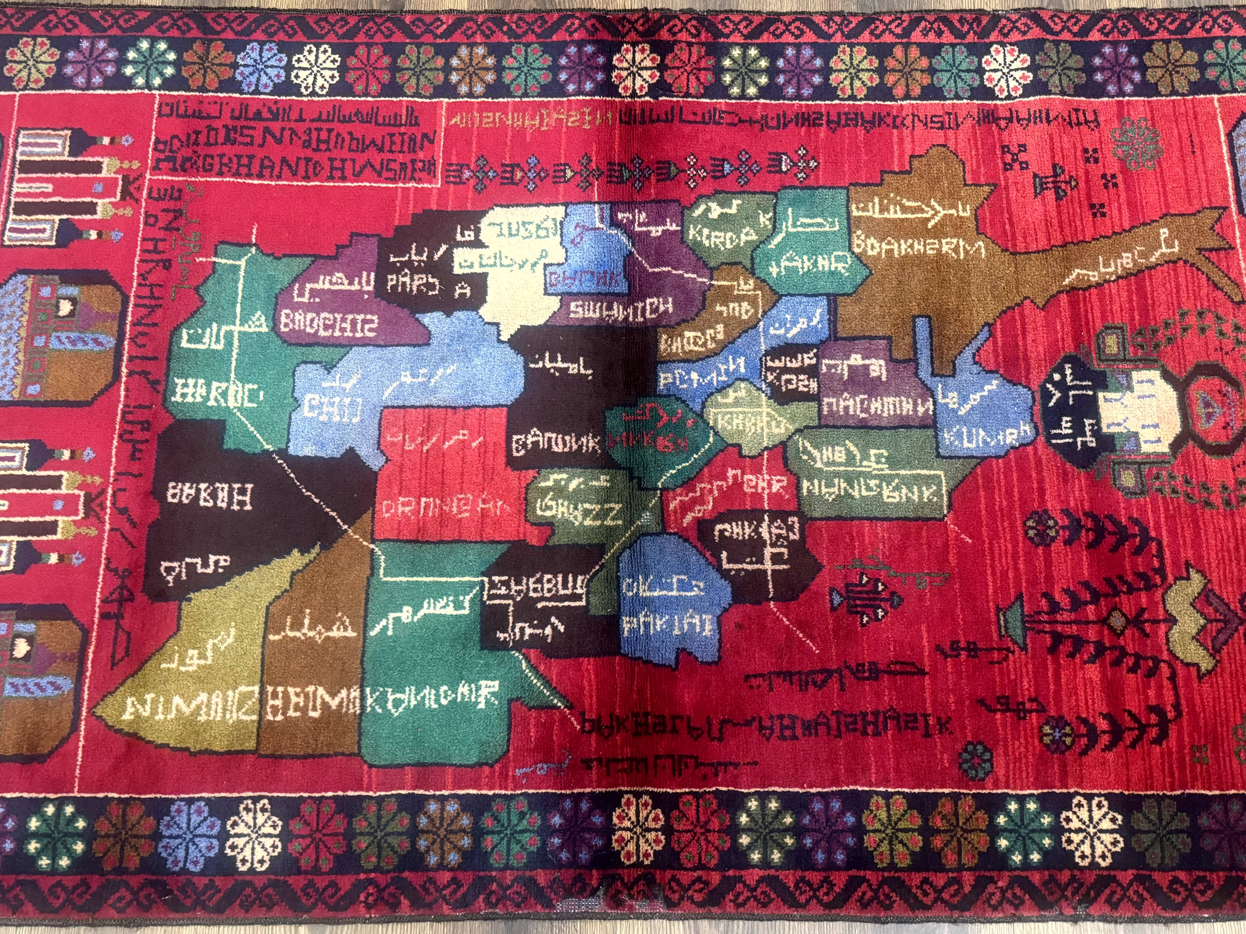 Afghan Rug 3x7, Map of Afghanistan, War Rug, Tribal Rug, Balouch Rug, New, Red - Jewel Rugs