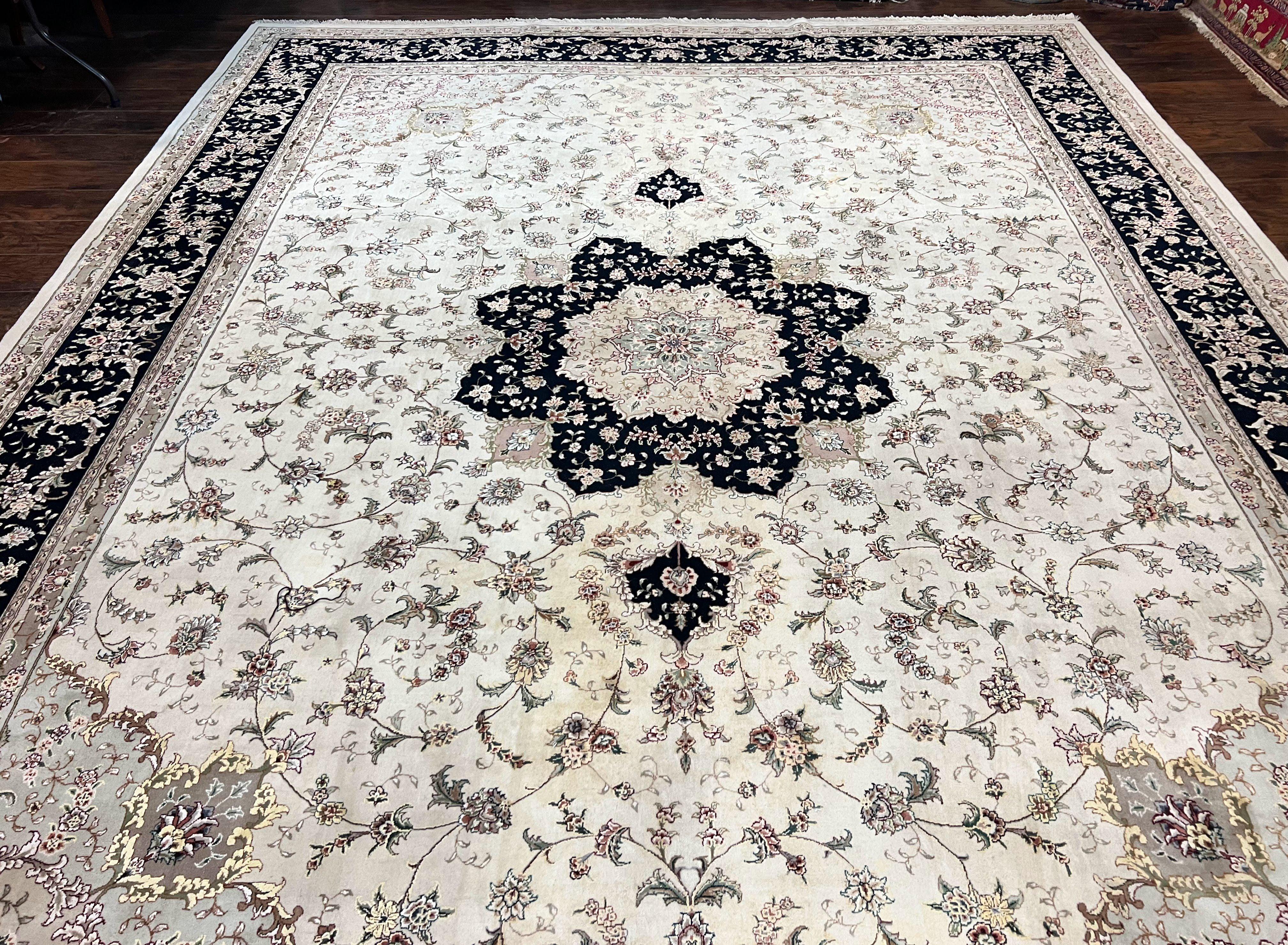 Sino Persian Rug 12x15, Ivory and Black, Floral Medallion Carpet, Large Palace Size Oriental Rug, Wool and Silk Highlights, Vintage Rug - Jewel Rugs