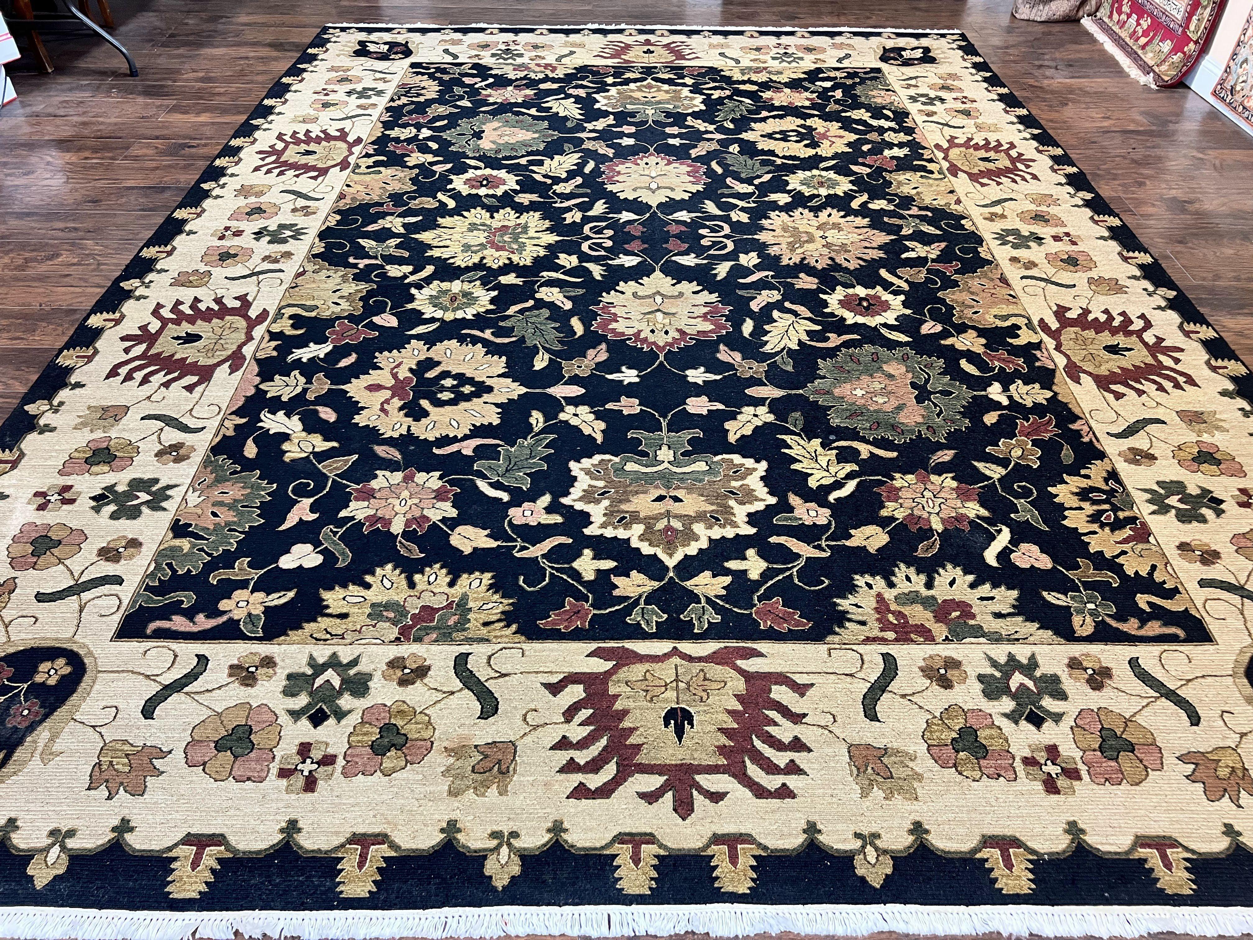 Indo Persian Rug 10x14, Wool Handmade Room Sized Floral Oriental Carpet, Indian Mahal Flatweave Rug, Black Beige - Jewel Rugs