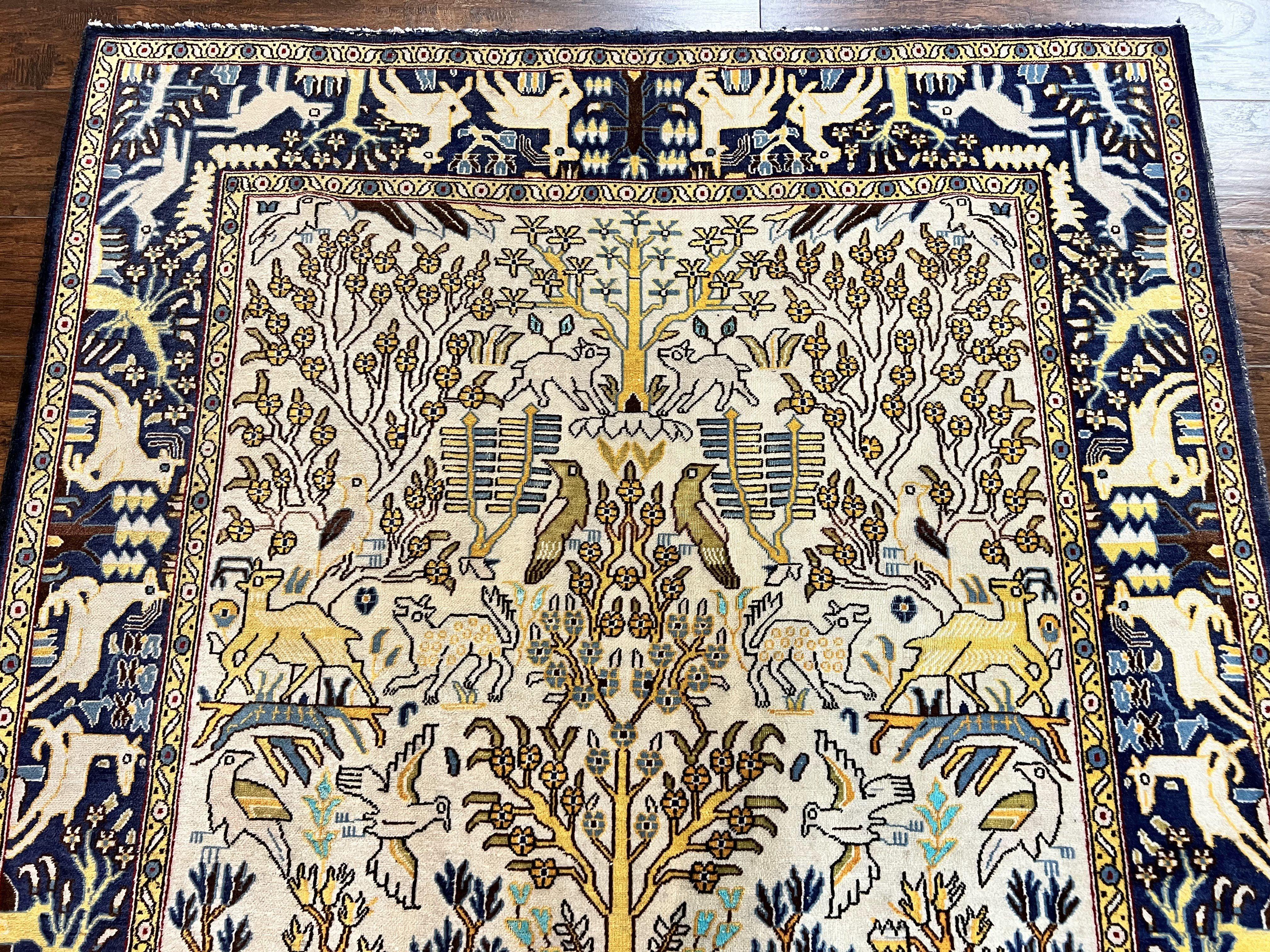 Persian Tree of Life Rug 5x9, Qum Rug, Animal Motifs Deer Birds, Cream and Navy Blue, Semi Antique Vintage Handmade Carpet, Wool & Silk Highlights - Jewel Rugs