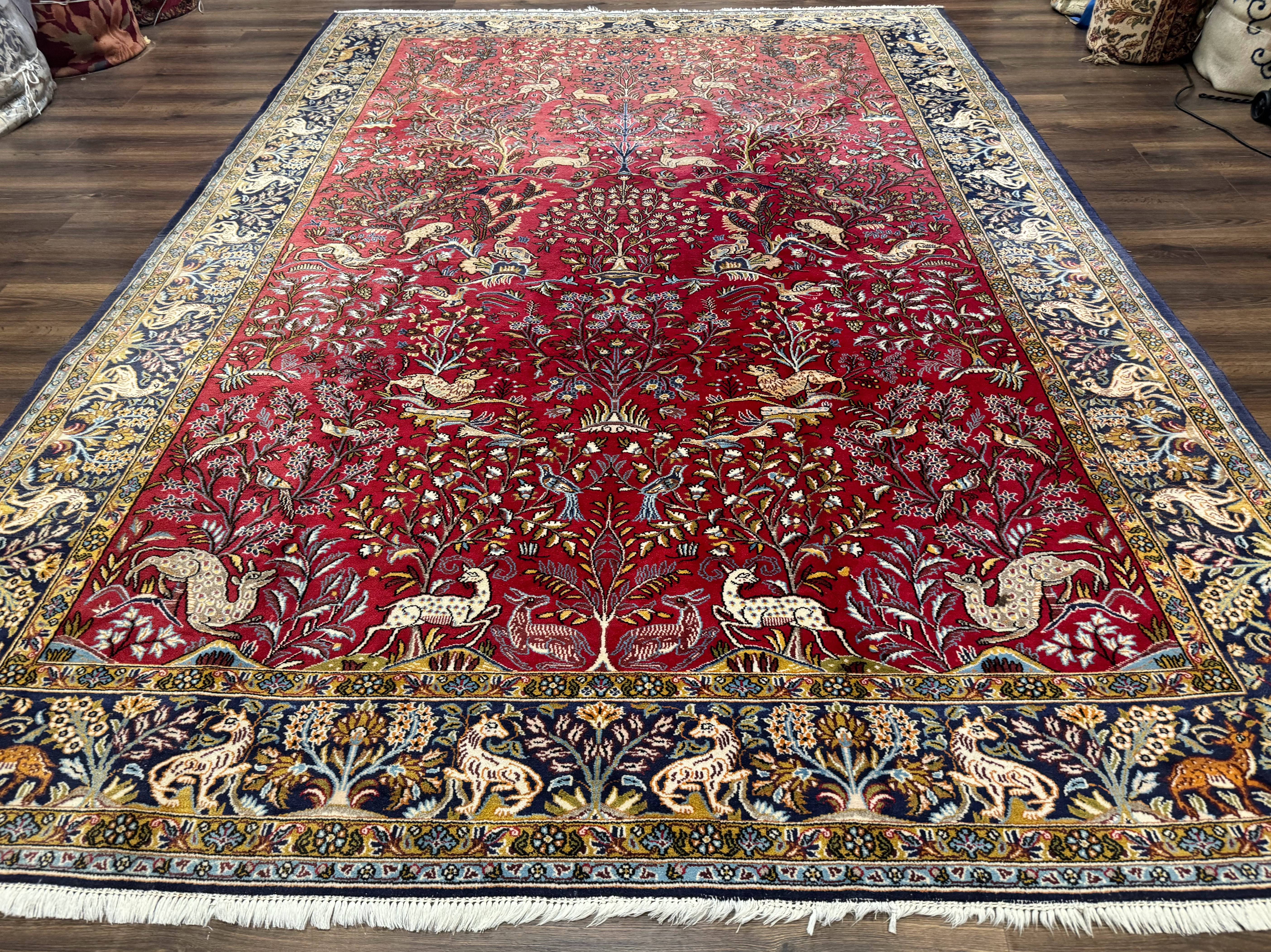 Persian Qum Rug 9x12, Animal Pictorials, Deer Birds, Tree of Life, Red and Navy Blue - Jewel Rugs