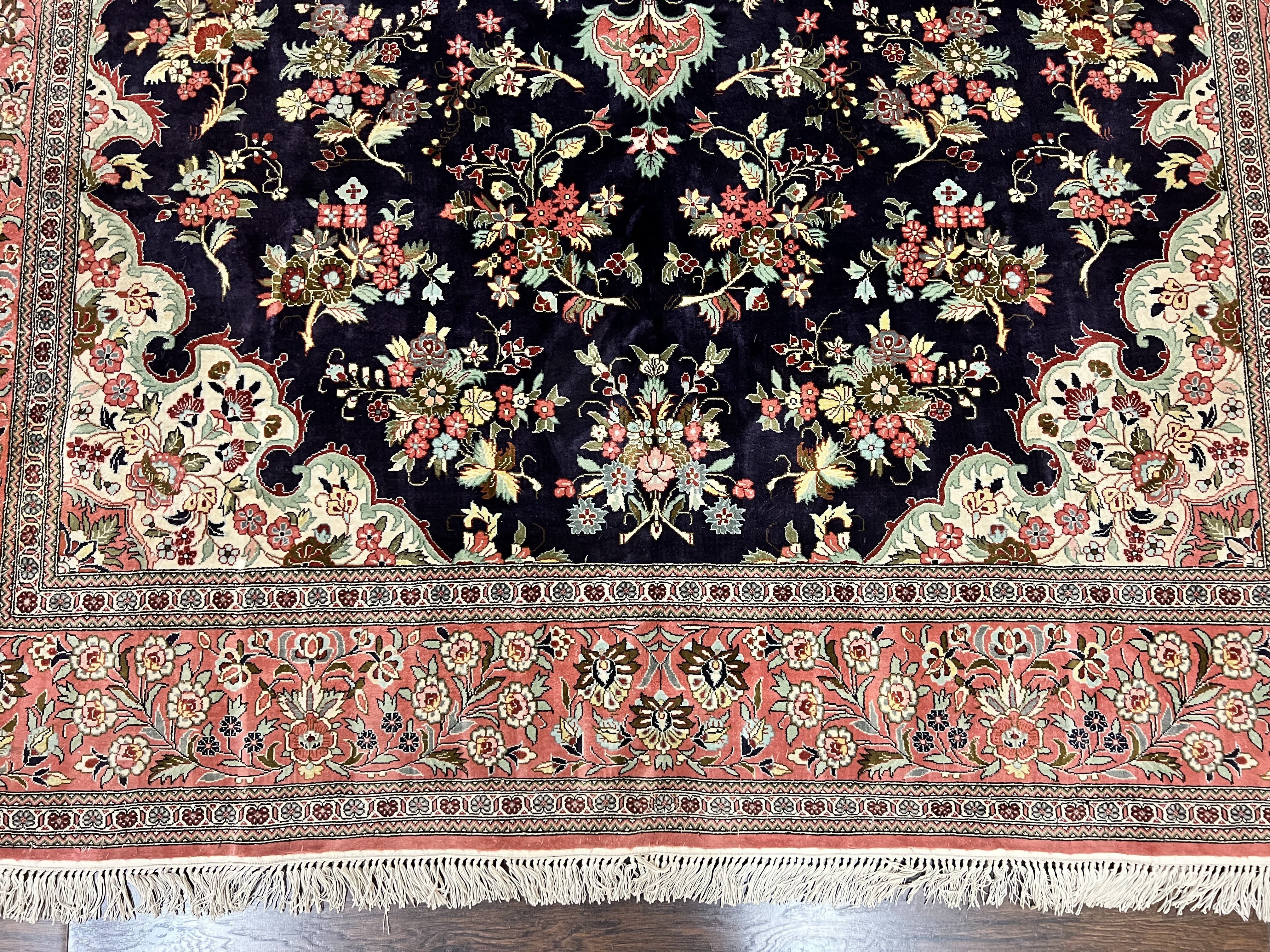 Stunning Silk Persian Qum Rug 7x9, Finely Hand Knotted Navy Blue & Salmon Floral Medallion Authentic Oriental Carpet, Vintage Handmade Silk Ghom Rug, Silk on Silk - Jewel Rugs