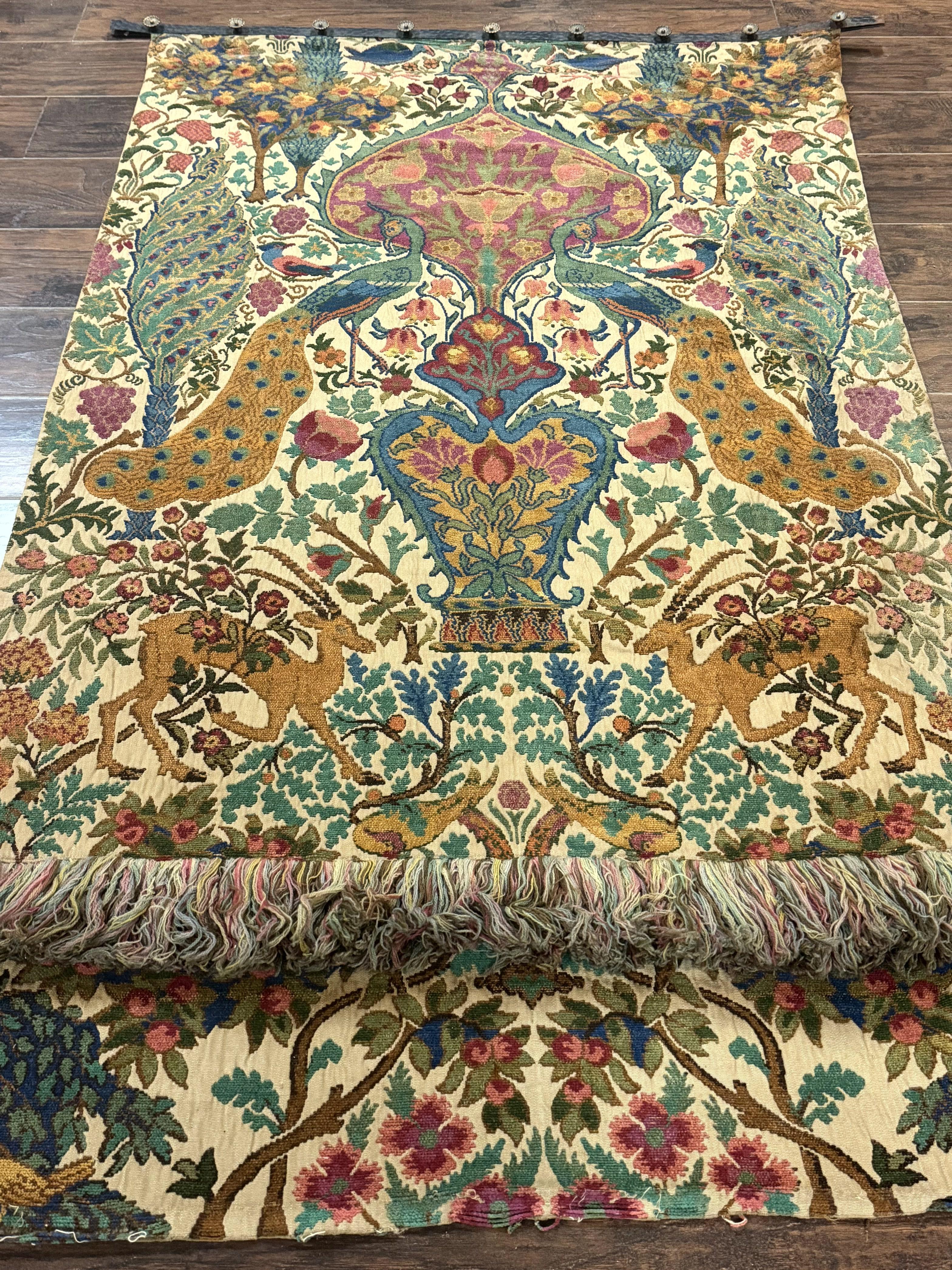 Vintage European Tapestry Wall Hanging 4x6, Peacocks, Deer Birds - Jewel Rugs