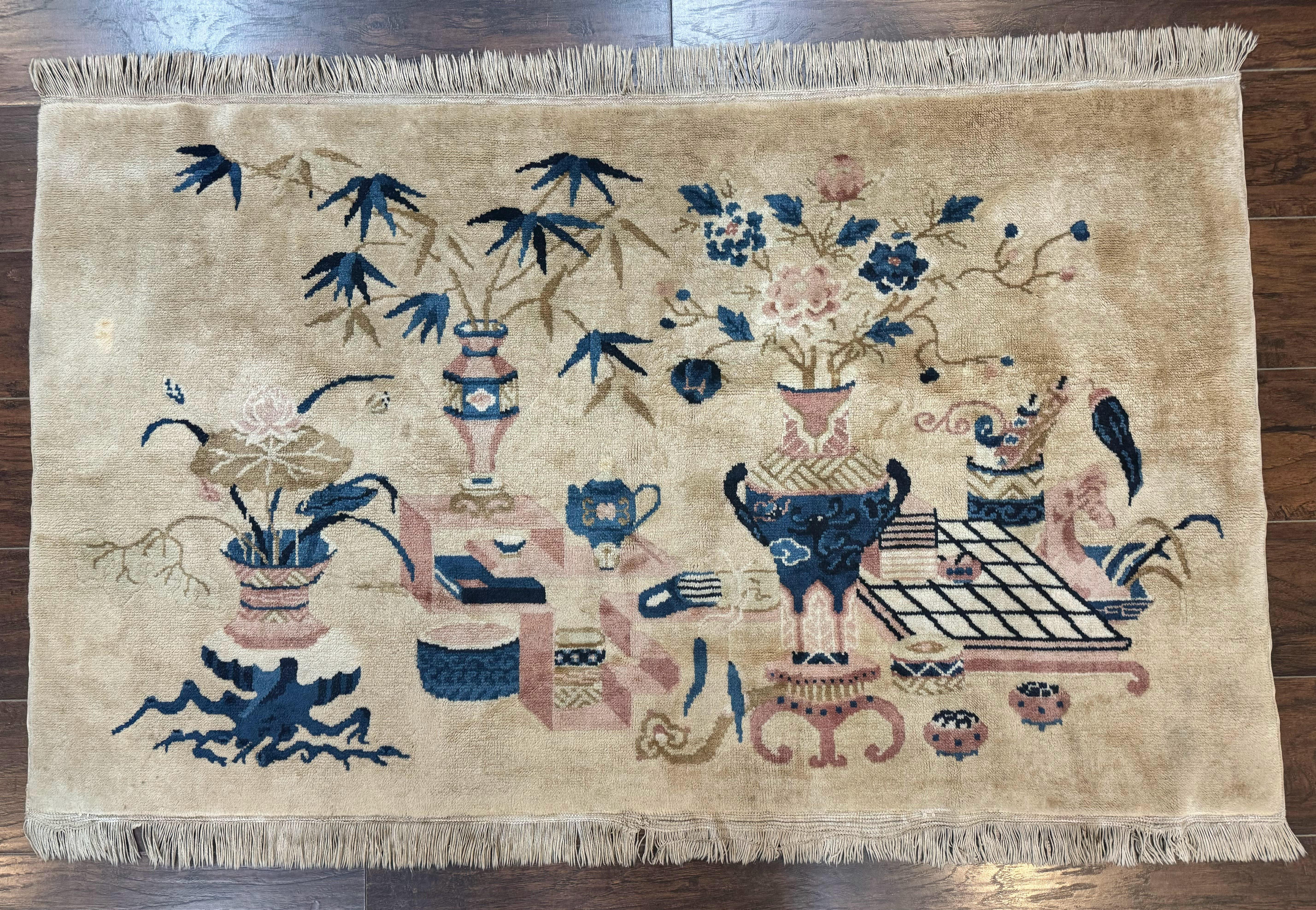 Chinese Rug 5x3, Horizontal Rug, Vases Flowers, Handmade Antique Vintage Carpet, Peking Rug, Chinese Wool Rug - Jewel Rugs