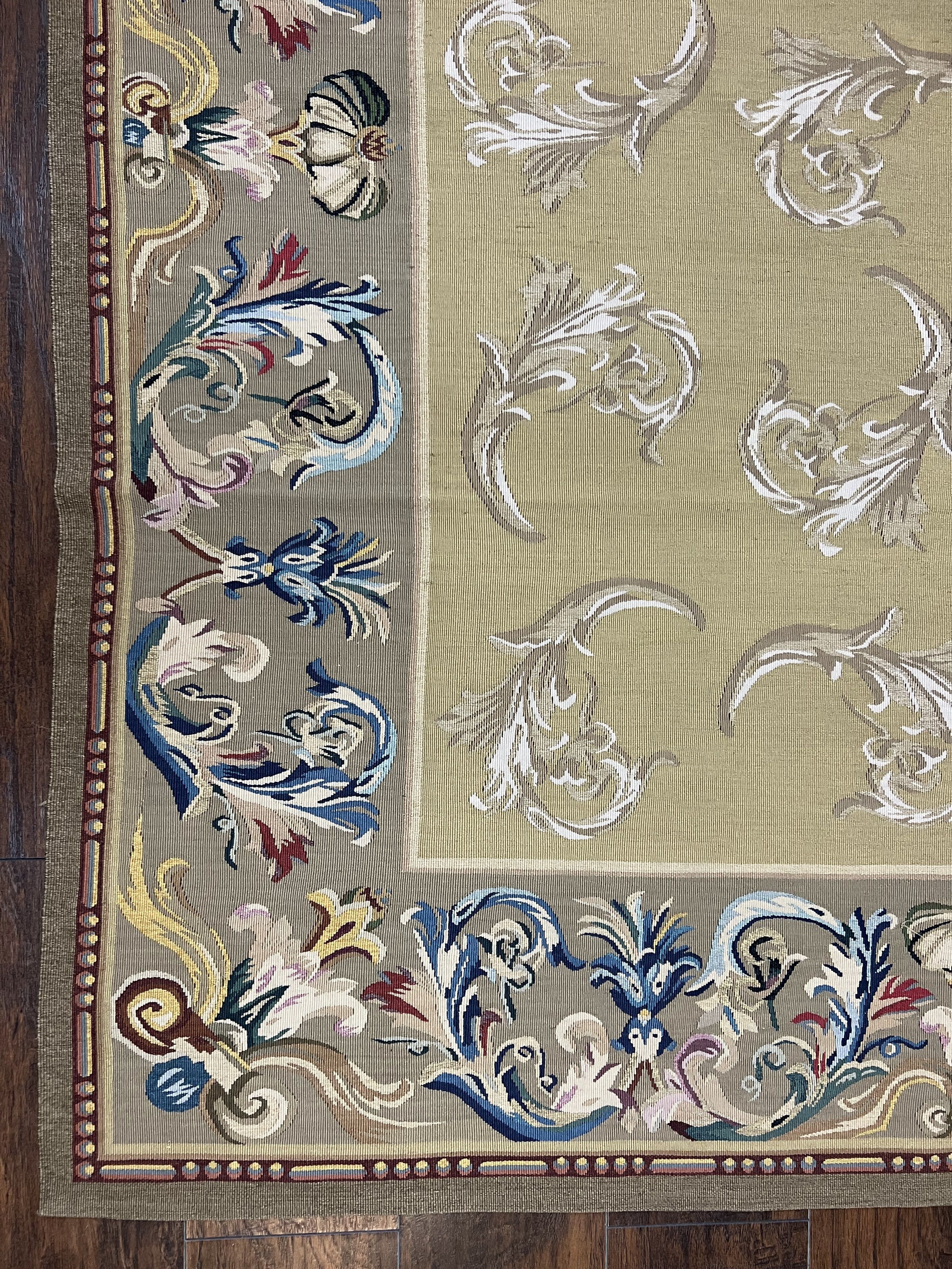 Vintage Aubusson Flatweave Area Rug 9x12, Aubusson Weave, Wool, Beige, Handmade, French European Design, 8'9" x 11'9" - Jewel Rugs