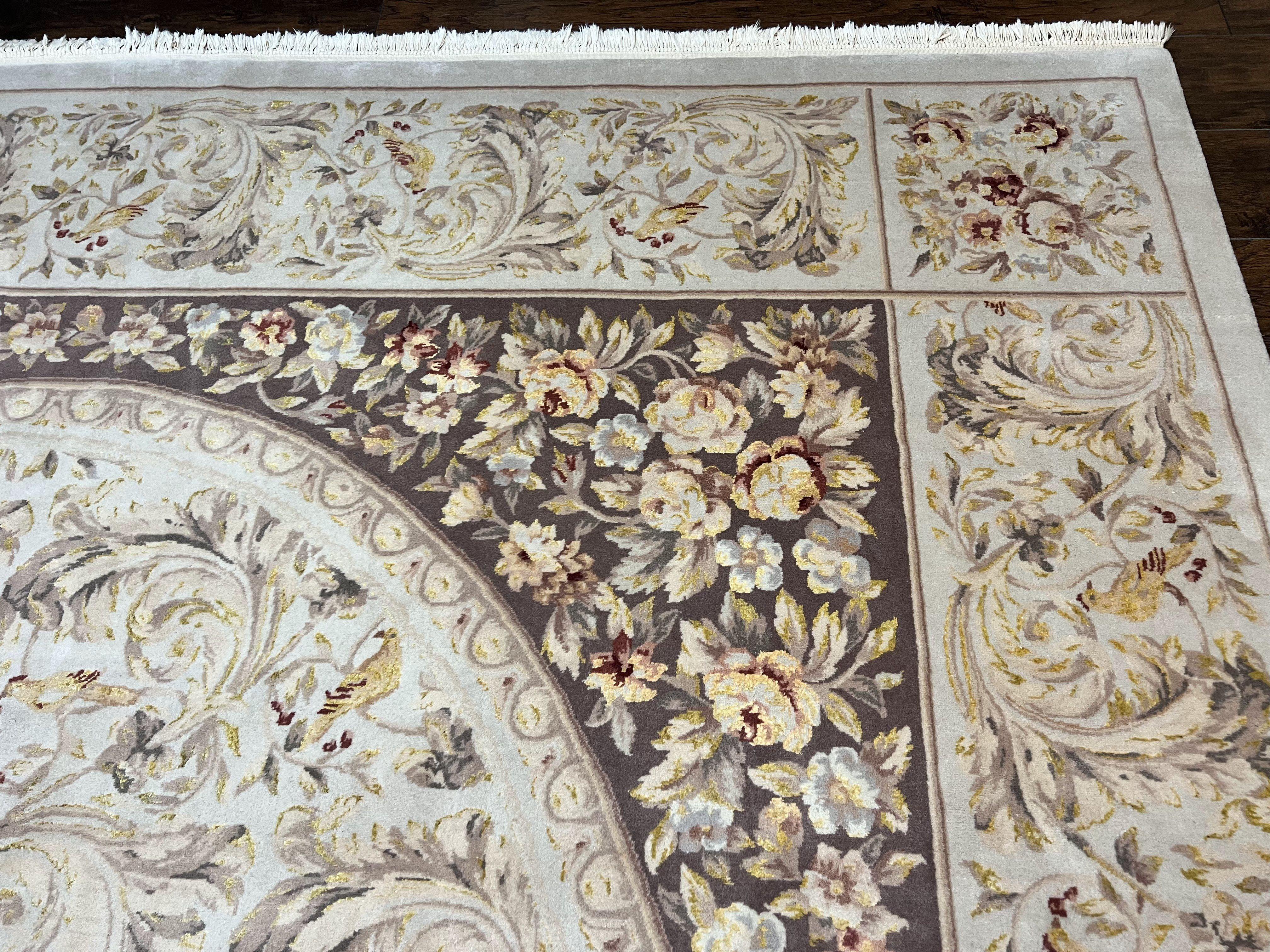 Aubusson Rug 10x14, Wool & Silk Highlights Hand Knotted Vintage Carpet, Birds Flowers, Fine Details, Elegant - Jewel Rugs