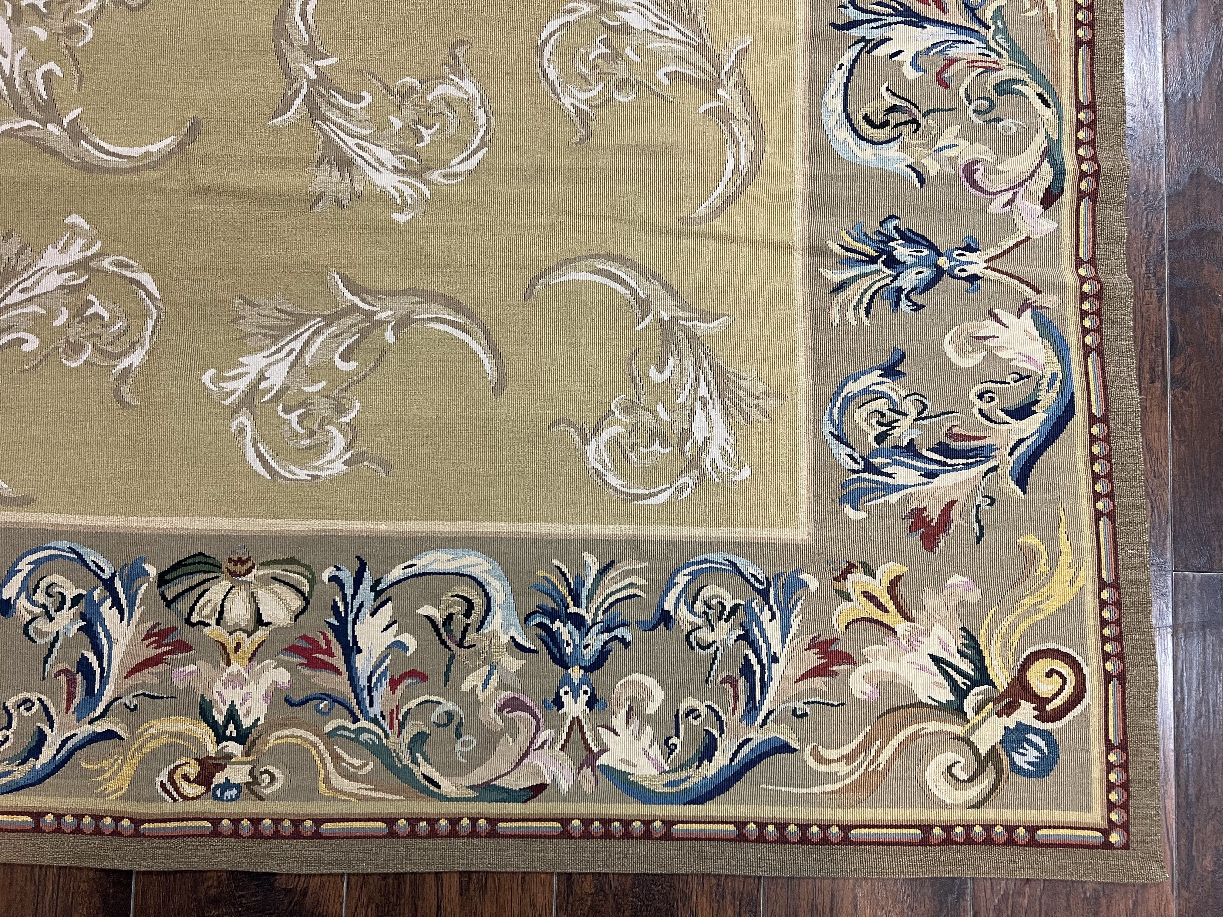 Vintage Aubusson Flatweave Area Rug 9x12, Aubusson Weave, Wool, Beige, Handmade, French European Design, 8'9" x 11'9" - Jewel Rugs