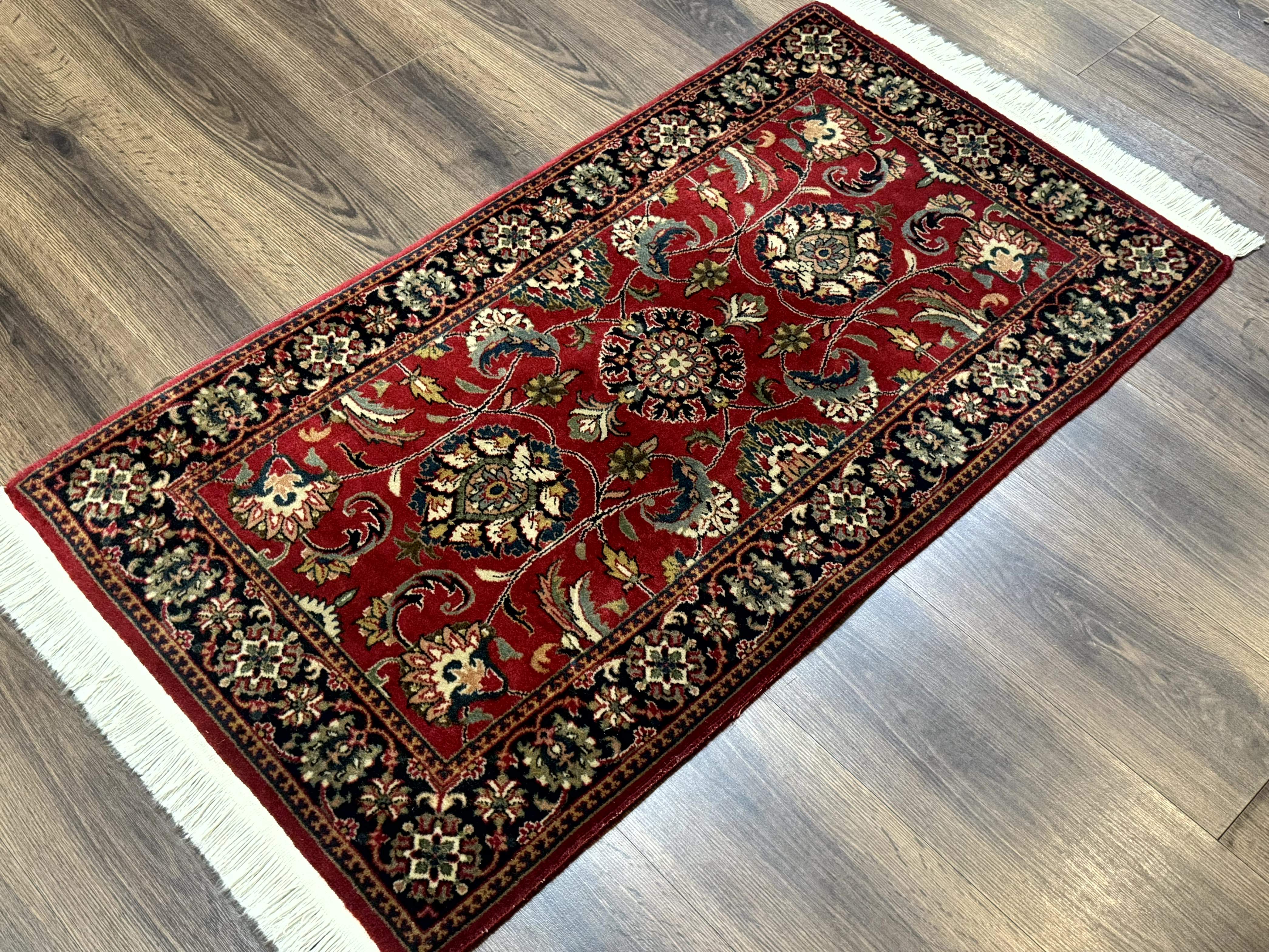 Indo Persian Sarouk Rug 2x4, Small Oriental Carpet, Red and Navy Blue, Fine 200 KPSI - Jewel Rugs