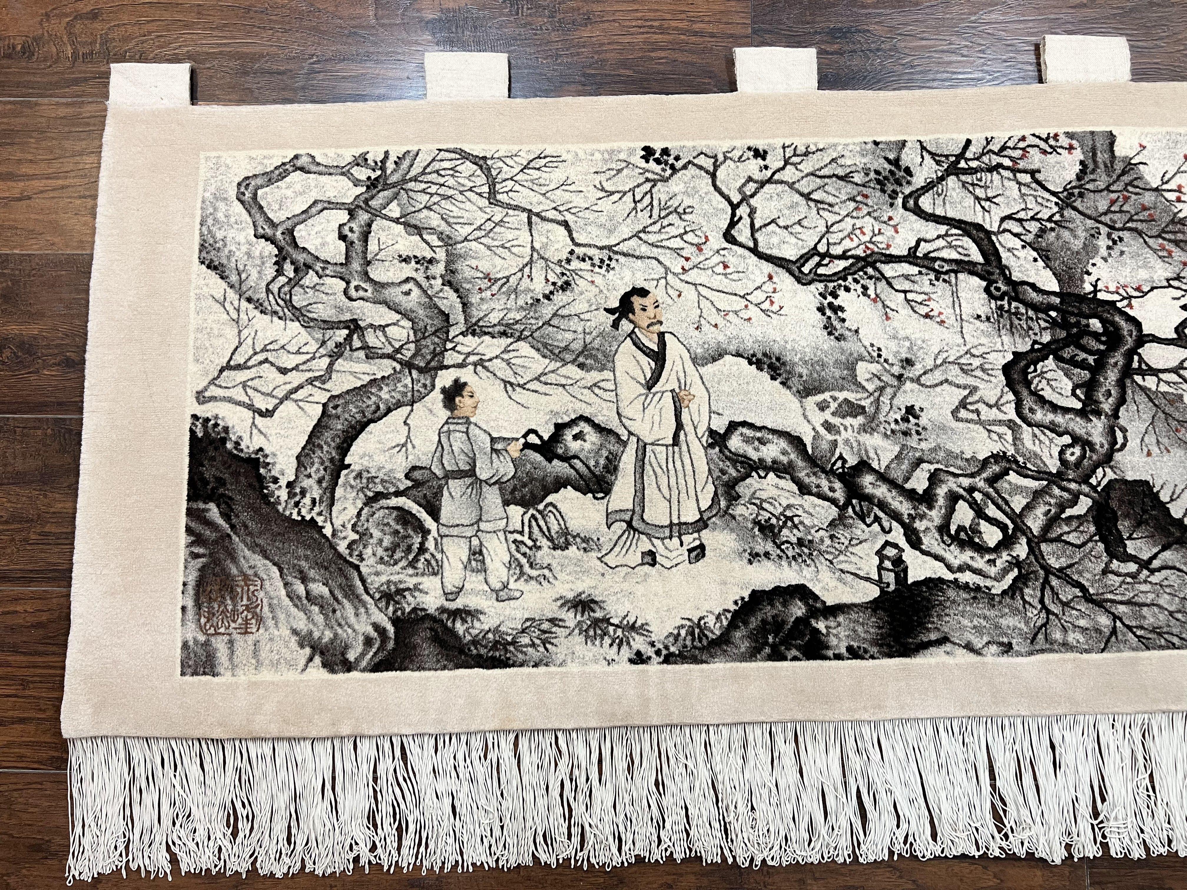 Chinese Wall Hanging Rug 8x3 ft, Samari Pictorial Scene, Hand-Knotted Handmade Vintage Asian Oriental Wall Hanging Tapestry Fine Rug - Jewel Rugs