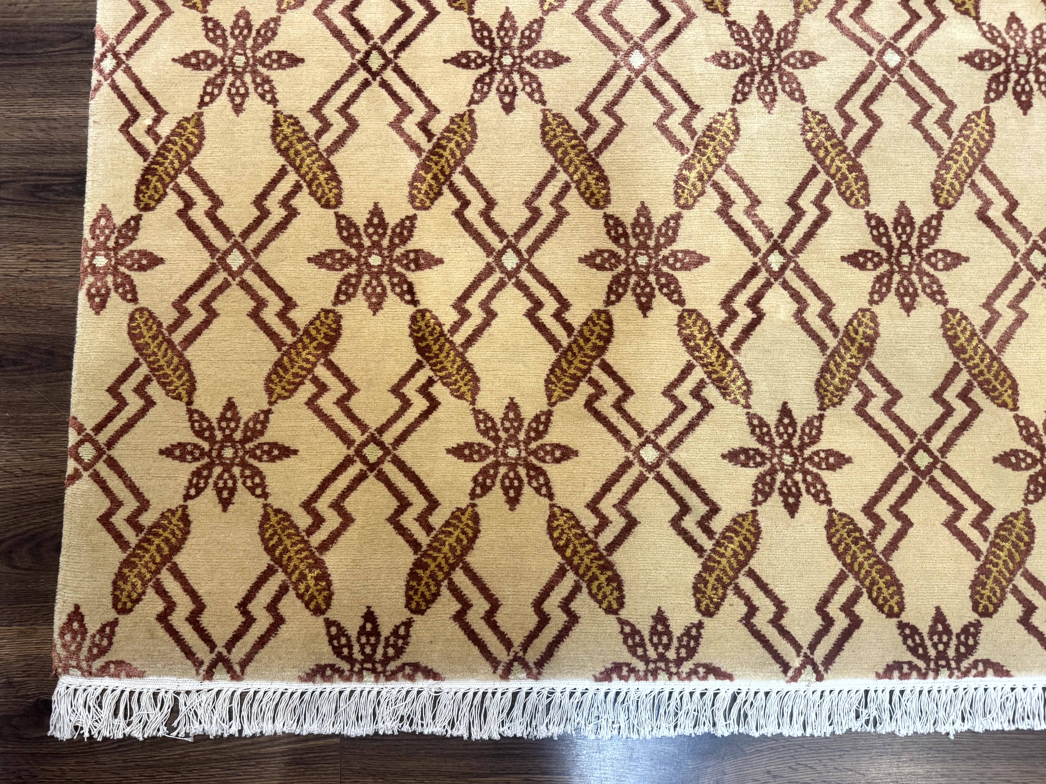 Tibetan Rug 8x10, Wool with Silk Highlights, Beige and Maroon, Contemporary Carpet - Jewel Rugs