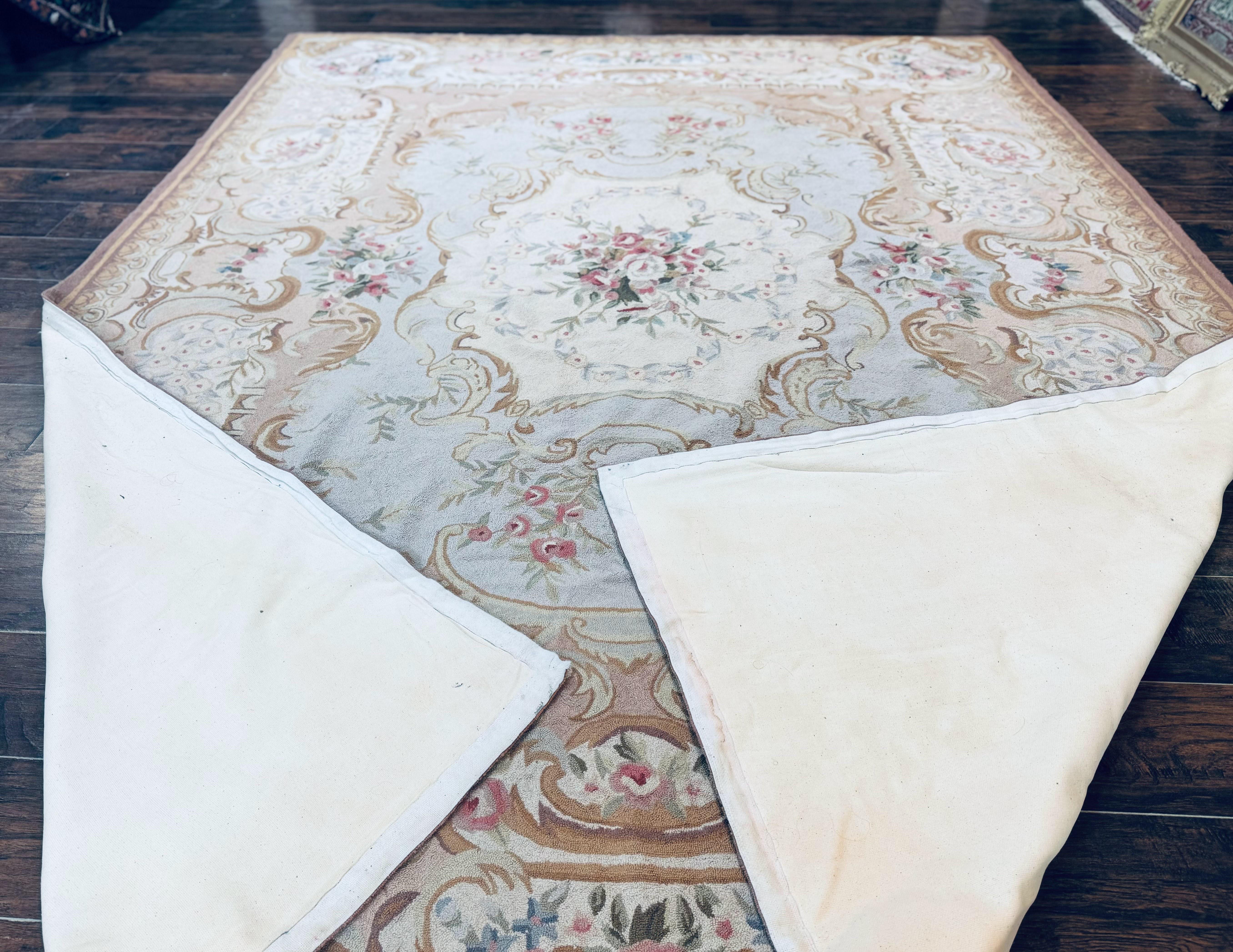 Hooked Aubusson Rug 8x11, Light Blue Ivory Beige Pink, Elegant European Design, Vintage - Jewel Rugs