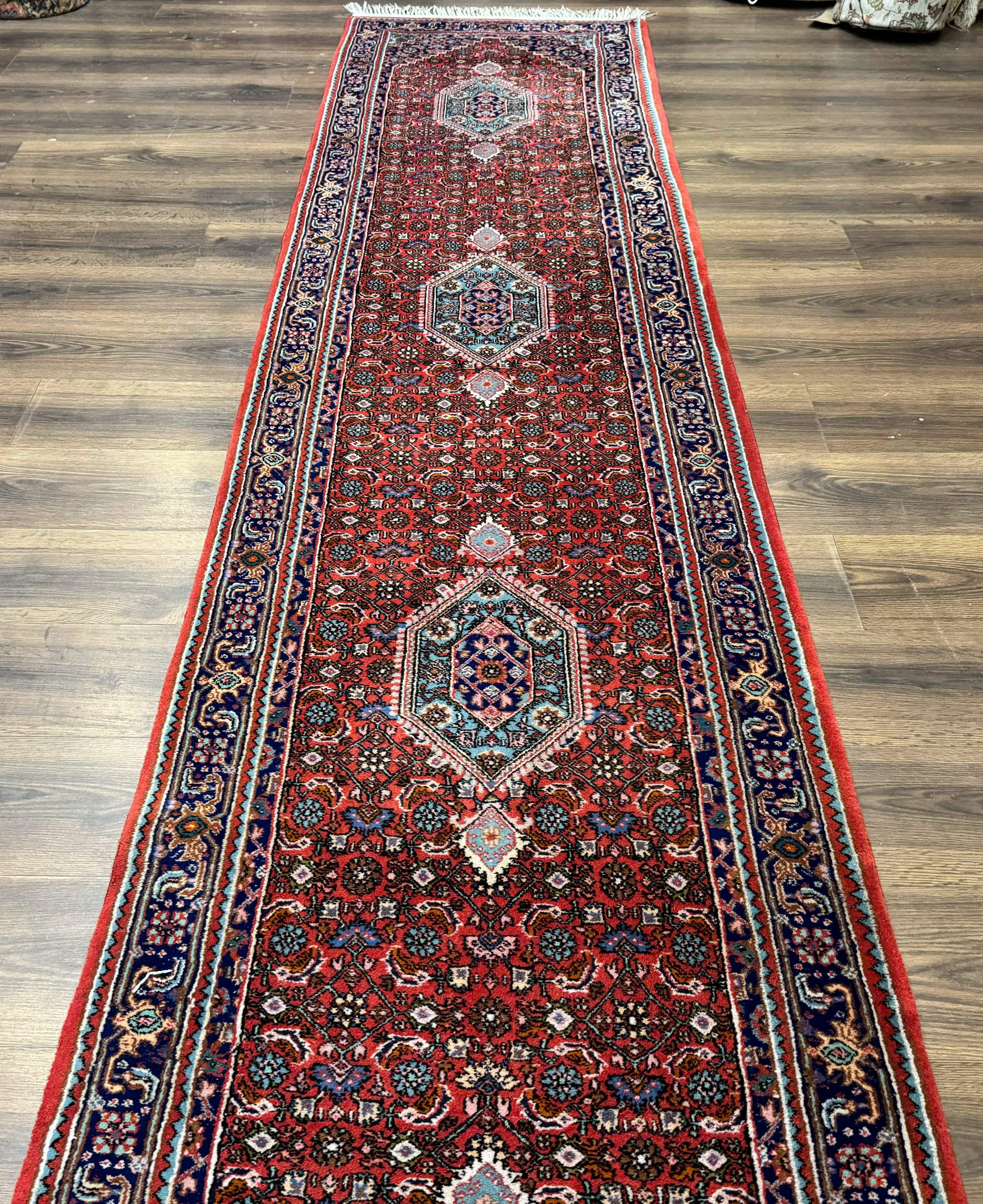 Indo Persian Bidjar Runner Rug 3 x 18.6, Red Navy Blue, Long Runner, Wool Oriental Carpet - Jewel Rugs