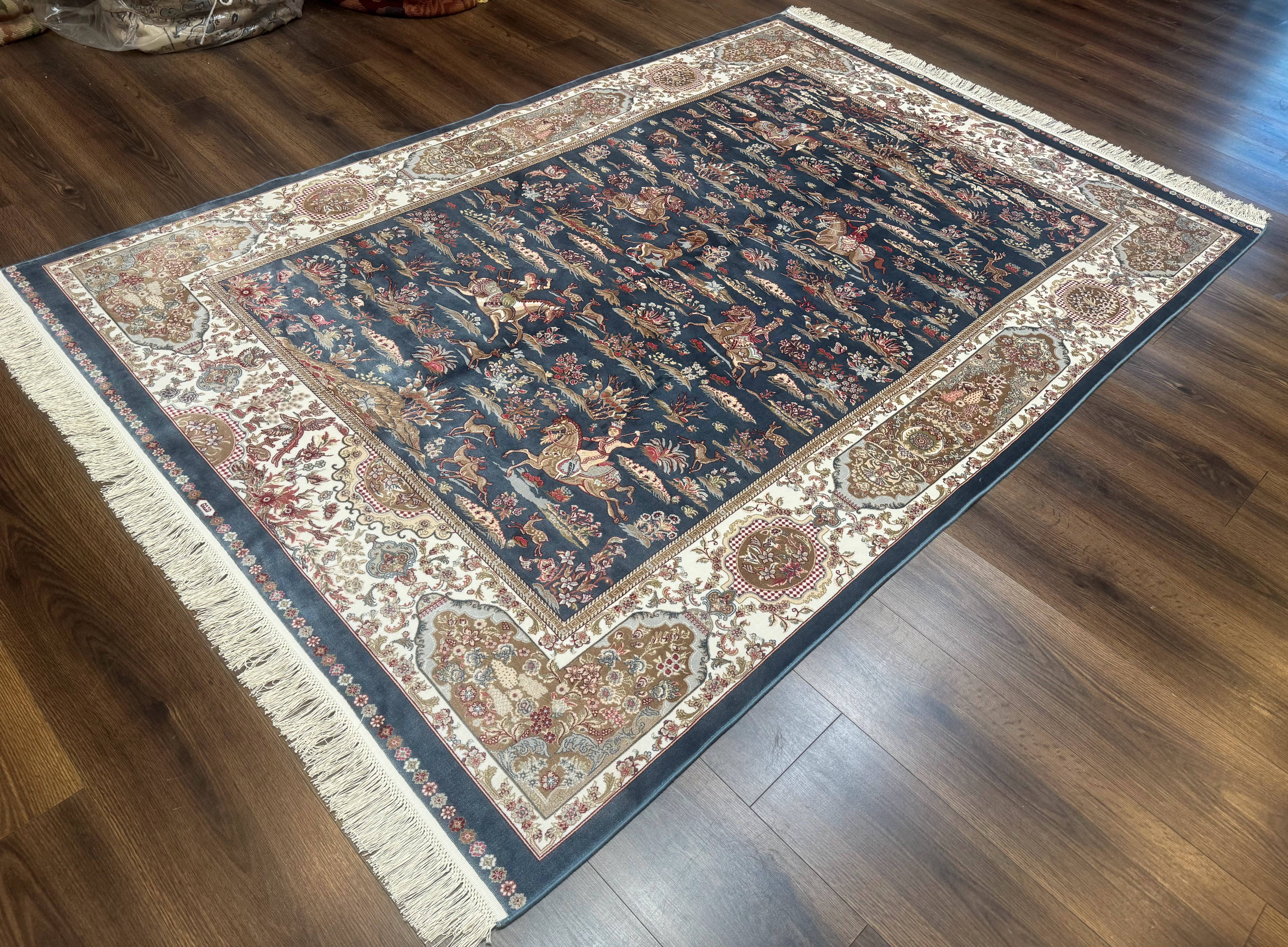 Turkish Silk Rug 5x8, Hunting Design, Animal Pictorials, Steel Blue & Ivory, Bamboo Silk - Jewel Rugs