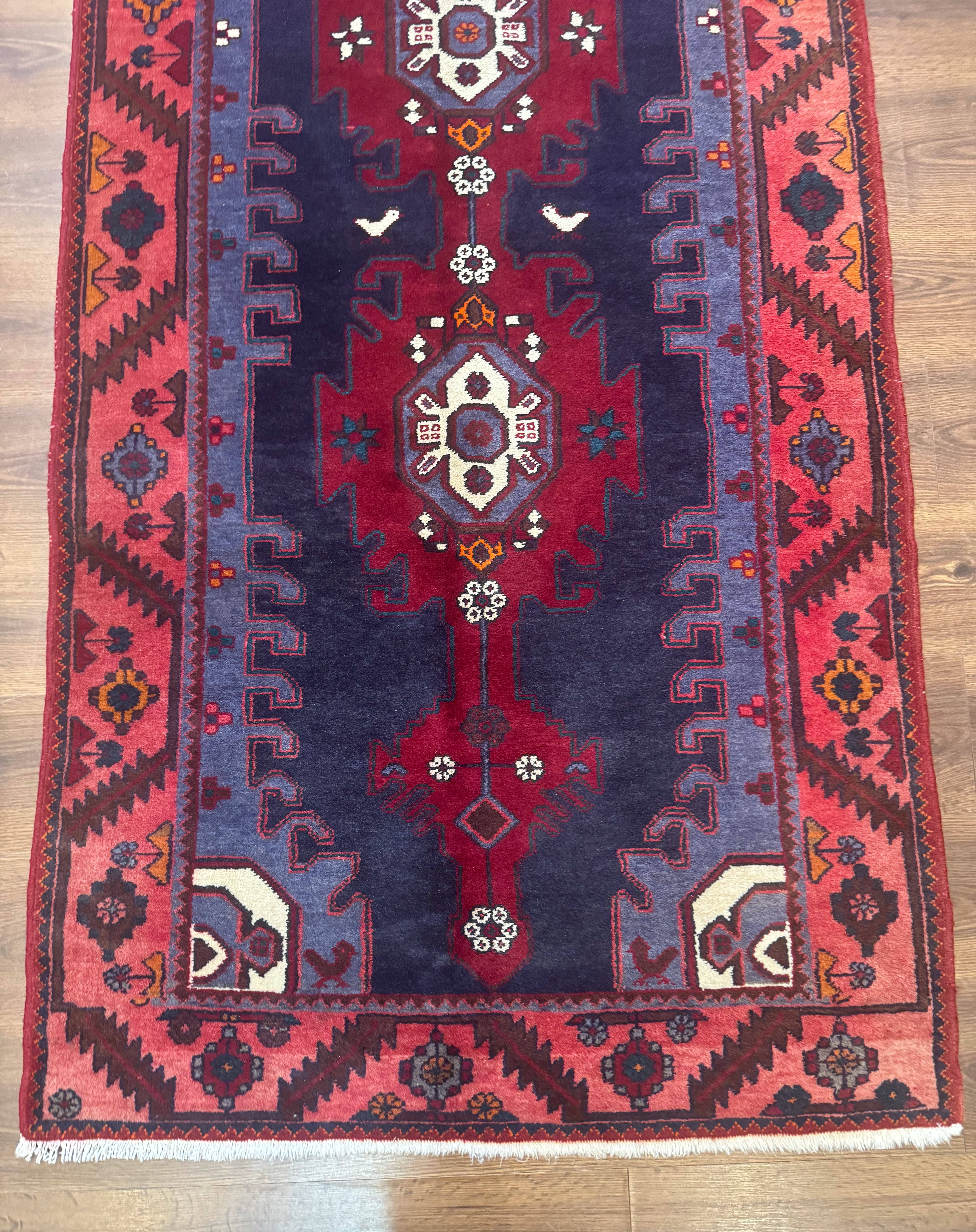 Persian Karajeh Runner Rug 3.6 x 9.5, Geometric Medallions, Tribal Village Rug, Navy Blue, Handmade - Jewel Rugs