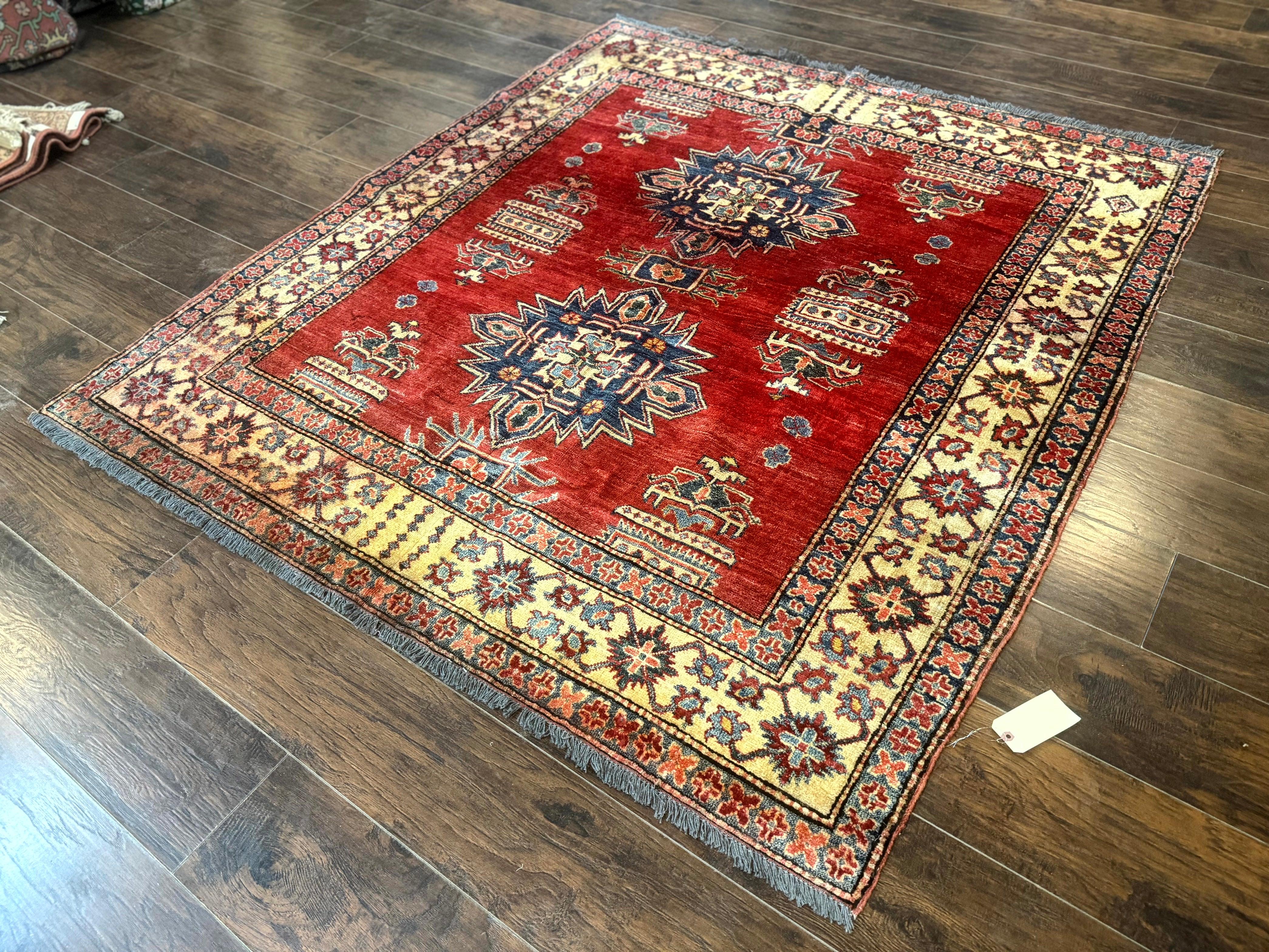 Square Turkish Rug 6x6, Azerbaijani Azeri Turkish Armenian Rug, Red Tan Blue, Geometric, Wool Carpet - Jewel Rugs