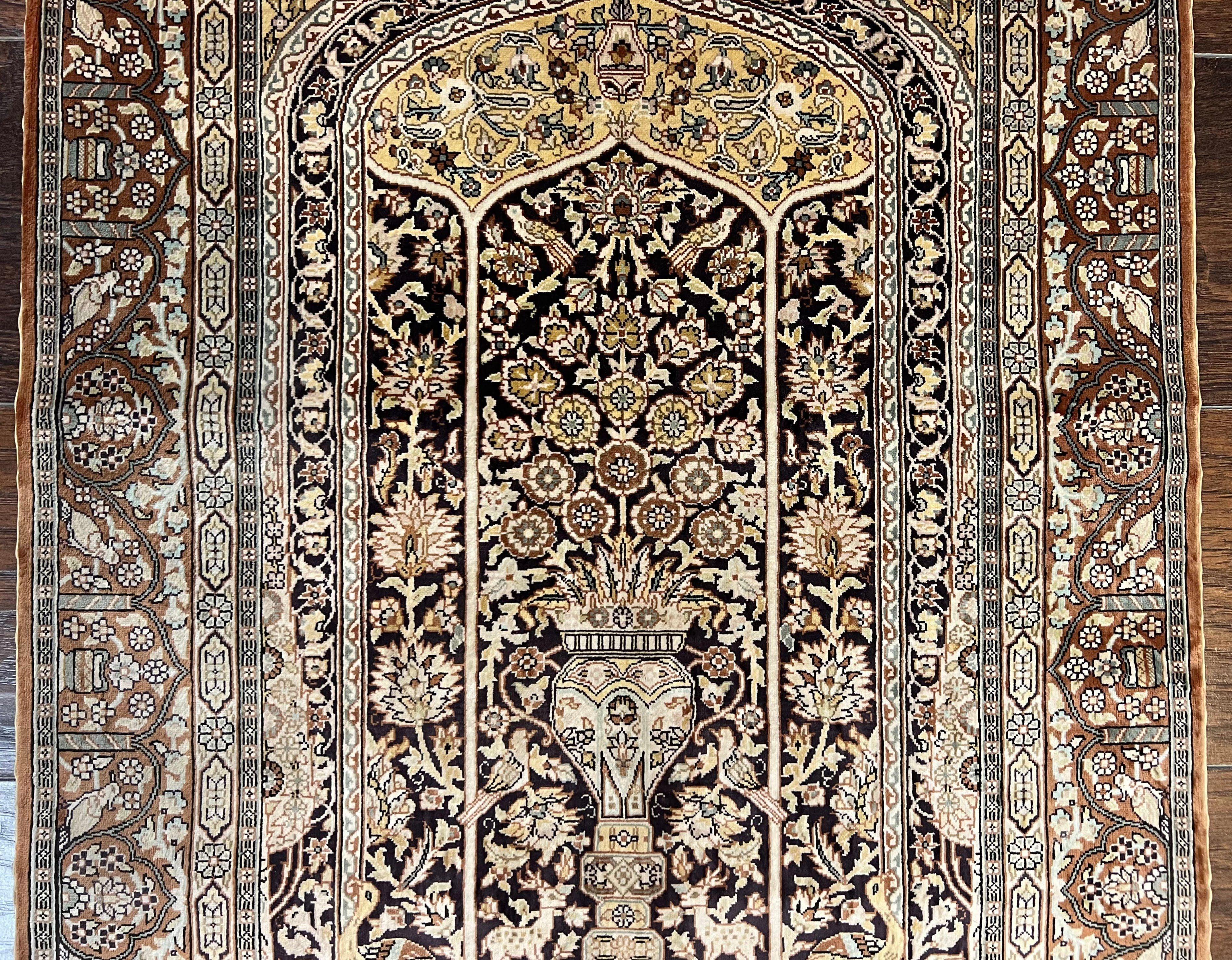 Turkish Silk Hereke Rug 2x3, Floral Vase Tree of Life Birds, Silk Pile on Silk Foundation, Vintage Oriental Carpet, Very Fine, Signature - Jewel Rugs