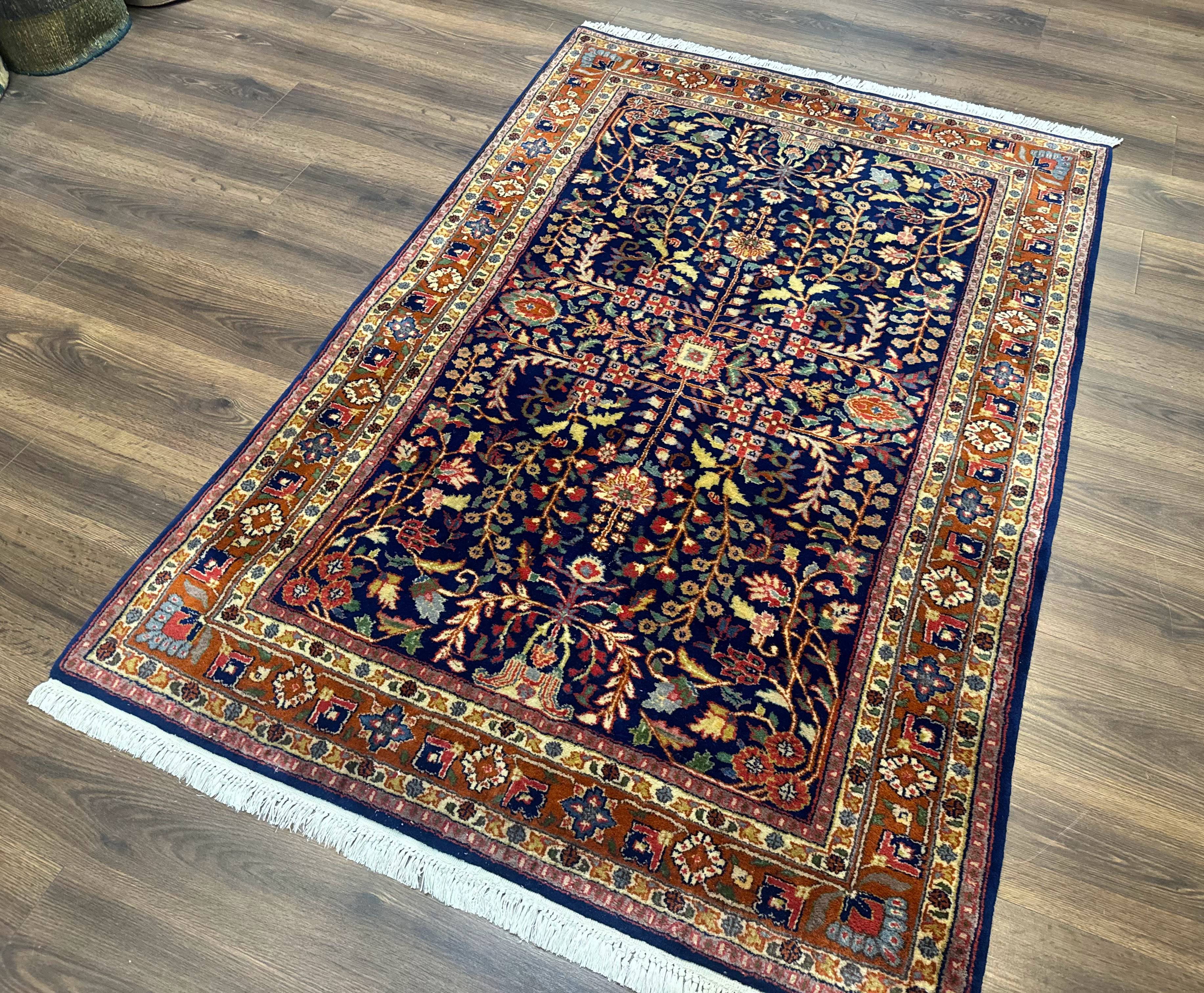 Indo Persian Sarouk Rug 4x6, Blue and Rust Red - Jewel Rugs