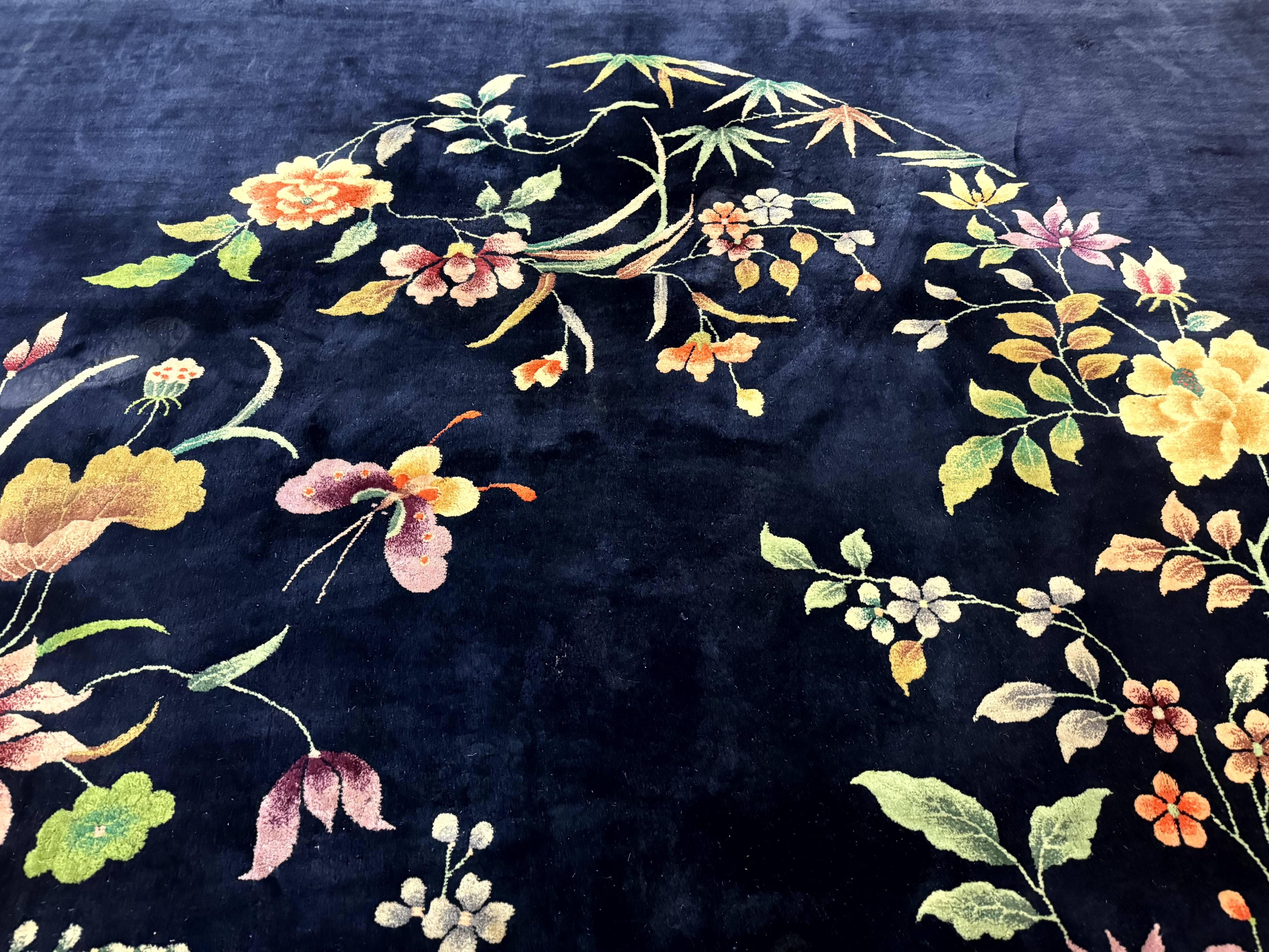 Chinese Art Deco Rug 10 x 11.5, Navy Blue Vintage Nichols Floral Wool Carpet - Jewel Rugs